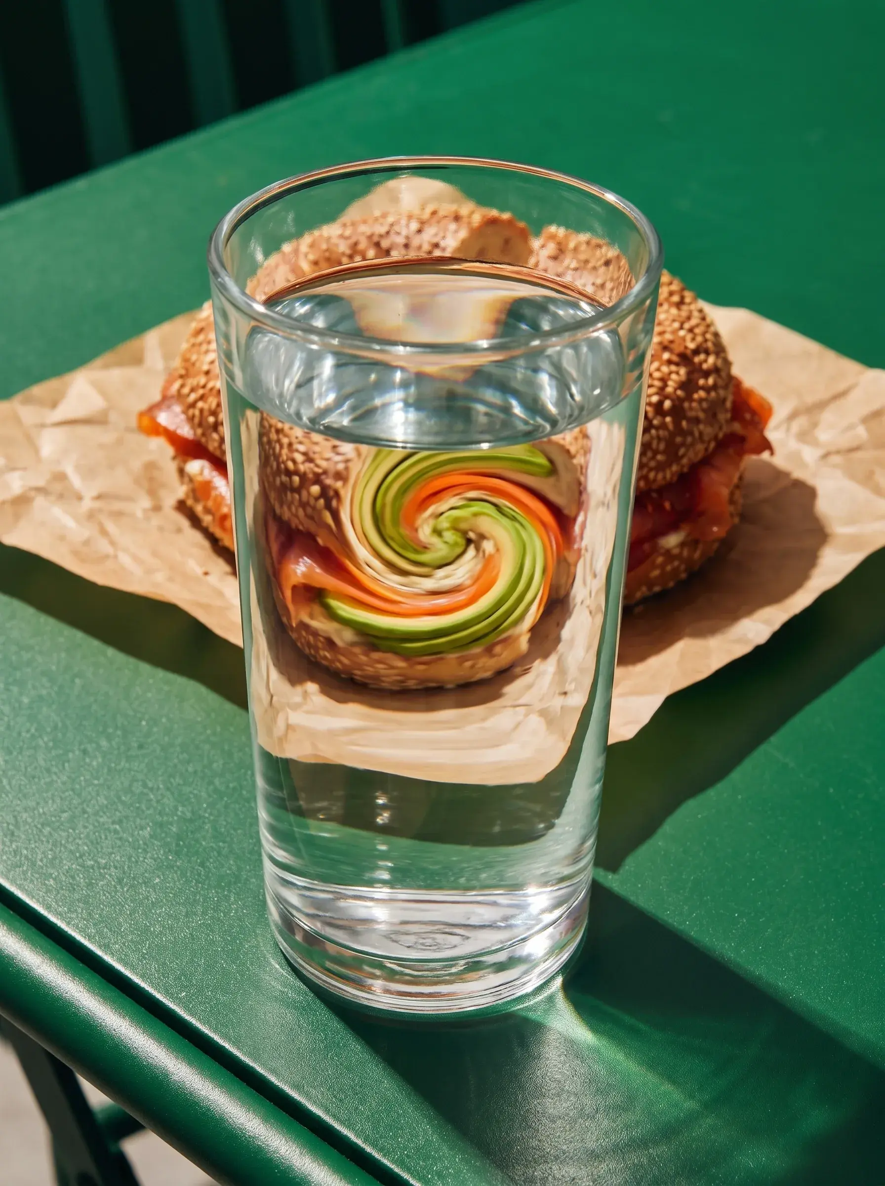 Verre d'eau transparent devant un bagel saumon-avocat sur table verte, la garniture en spirale reflétée dans le verre