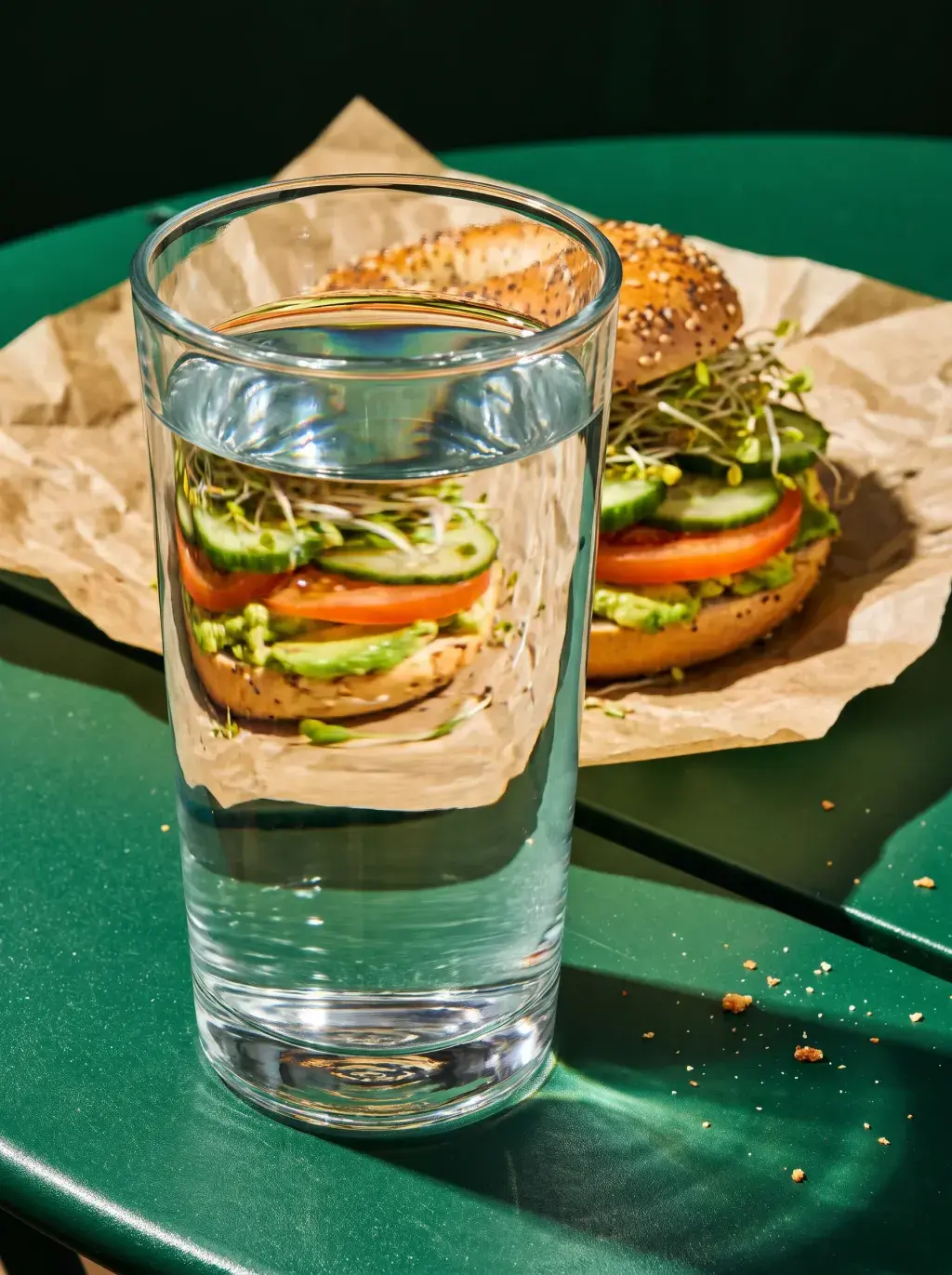 Verre d'eau transparent reflétant un bagel végétarien aux concombres tomates et pousses de luzerne sur une table verte