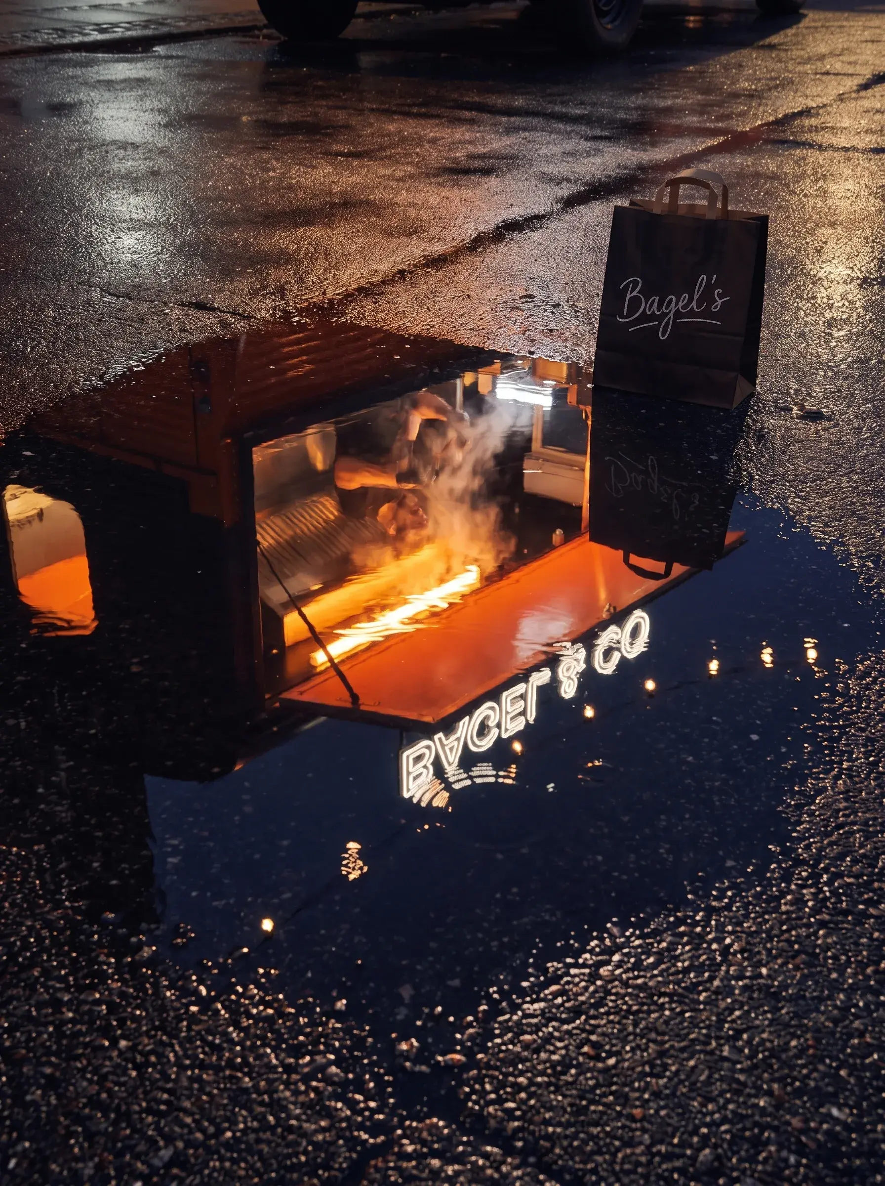 Reflet du food truck Bagel's orange et de l'enseigne BAGEL et CO dans une flaque de pluie nocturne avec sac et ardoise