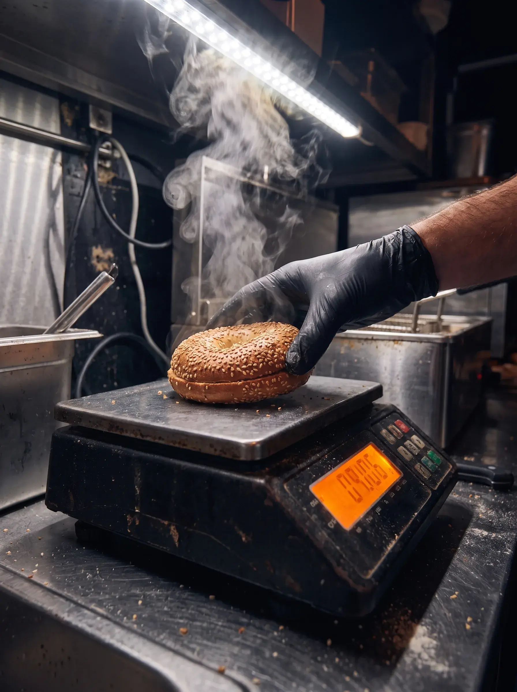 Main gantée en noir déposant un bagel au sésame fumant sur une balance électronique dans la cuisine sombre du food truck