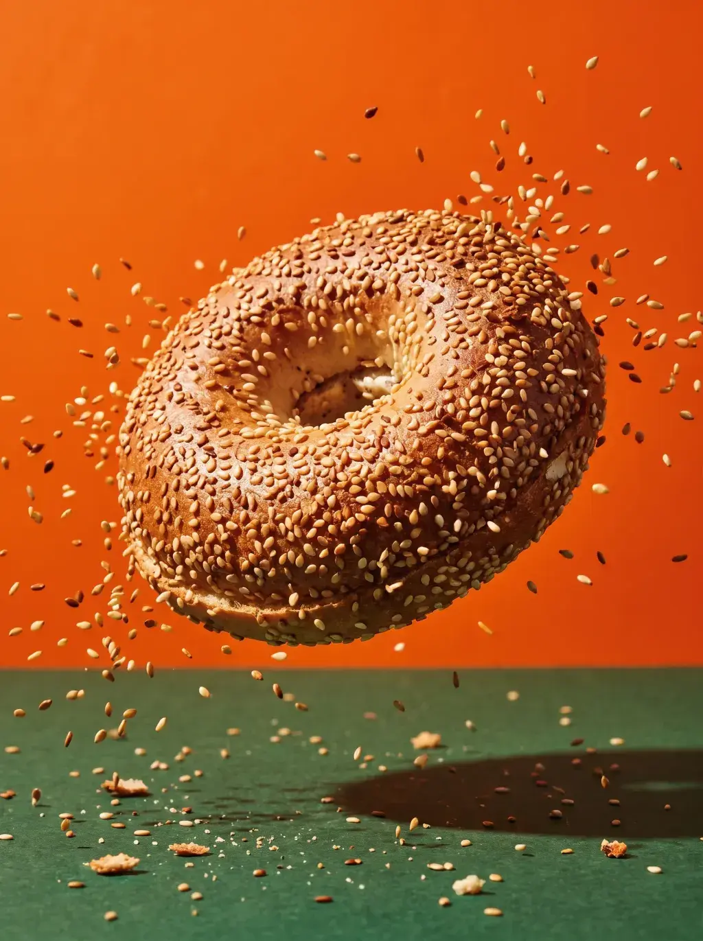 Bagel au sésame en lévitation avec des graines projetées en explosion sur fond orange et vert Bagel's