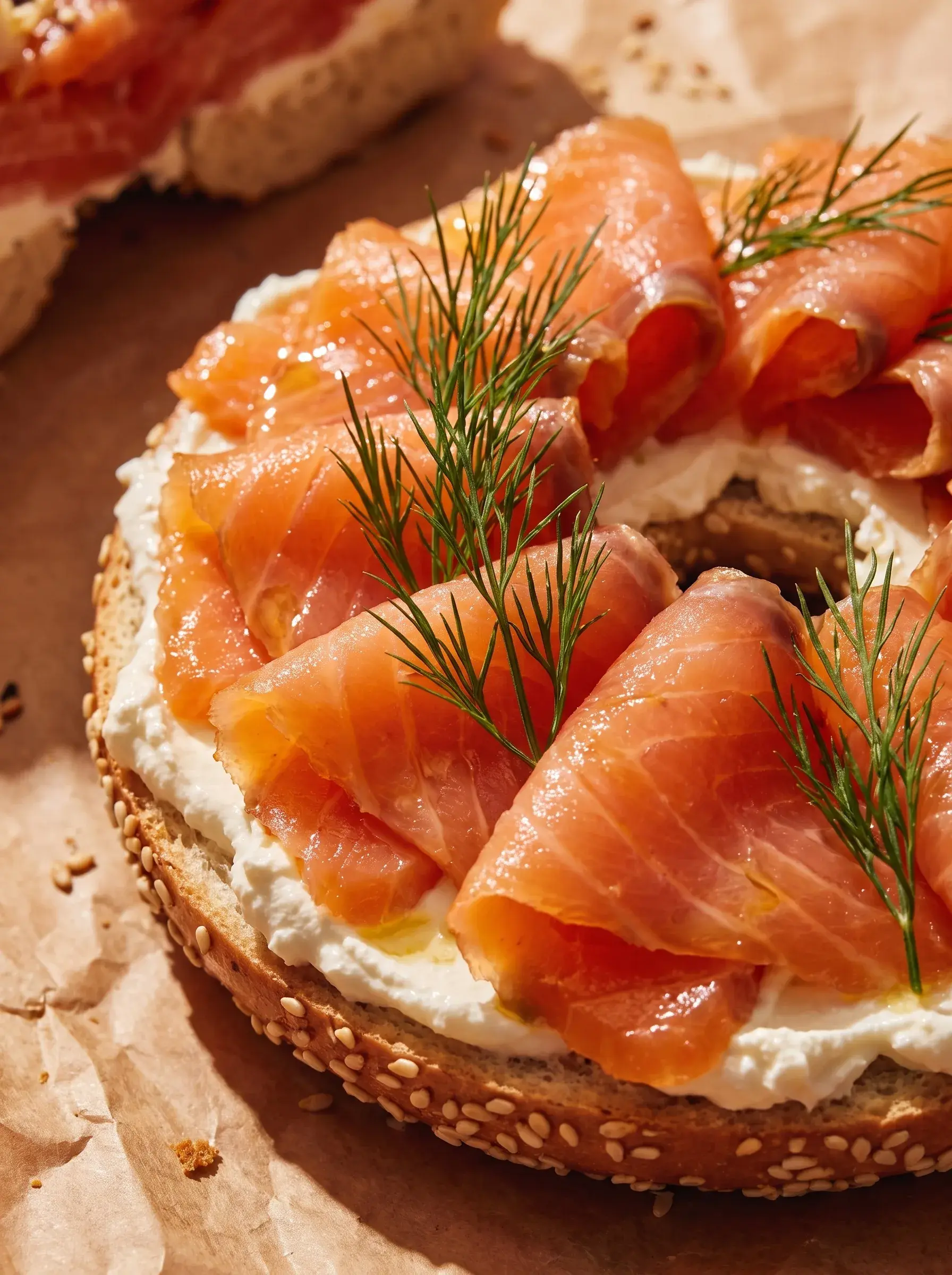 Gros plan d'une demi-bagel ouverte garnie de cream cheese saumon fumé et aneth frais sur papier brun