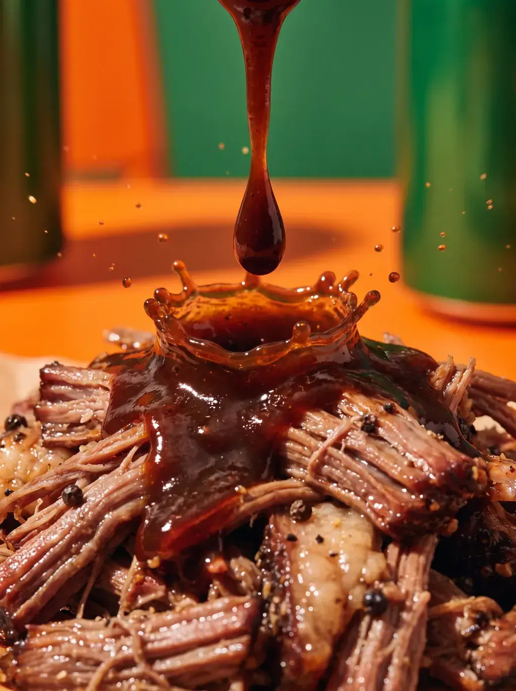 Sauce BBQ brune en goutte créant un splash sur un tas de brisket effiloché sur fond orange et vert