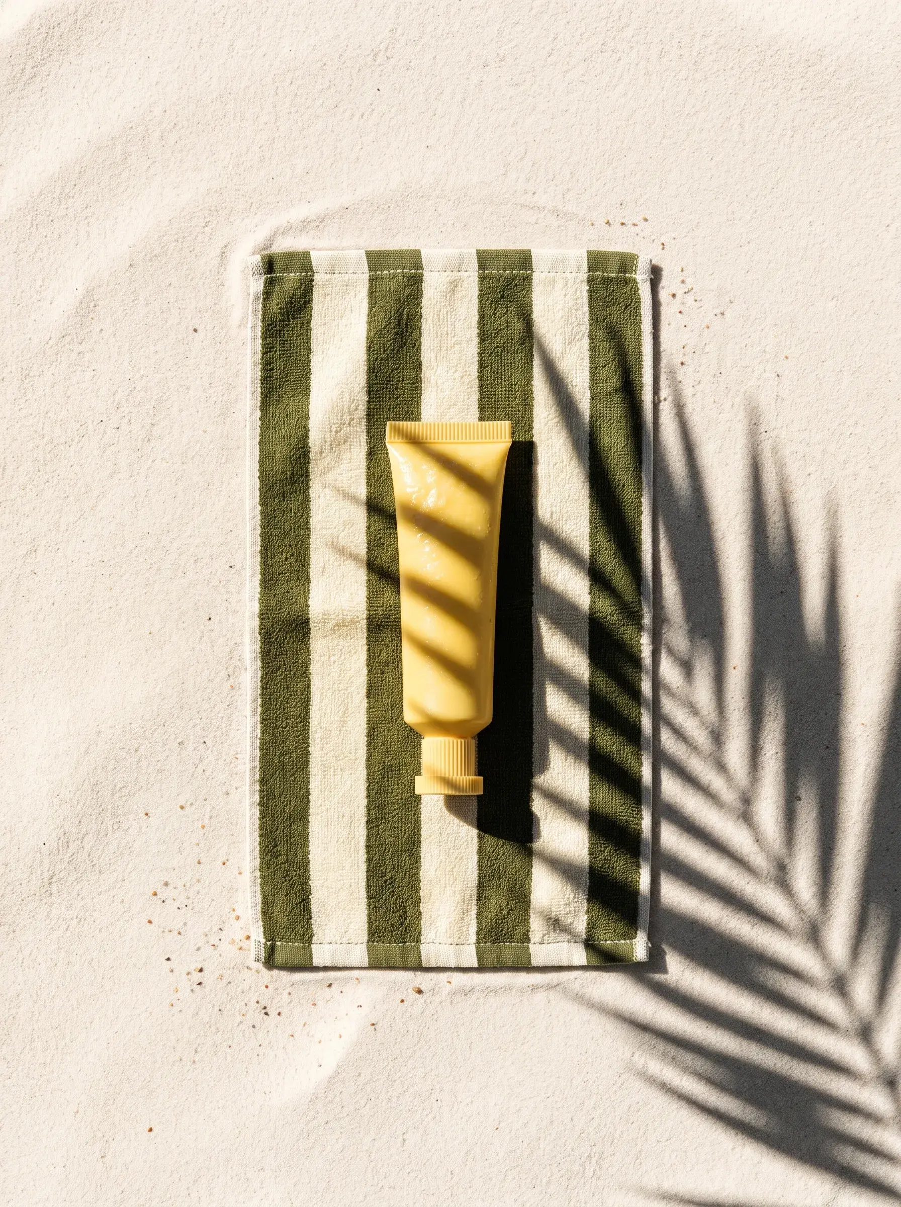 Tube de crème jaune posé sur une serviette rayée sous l’ombre d’une feuille de palmier