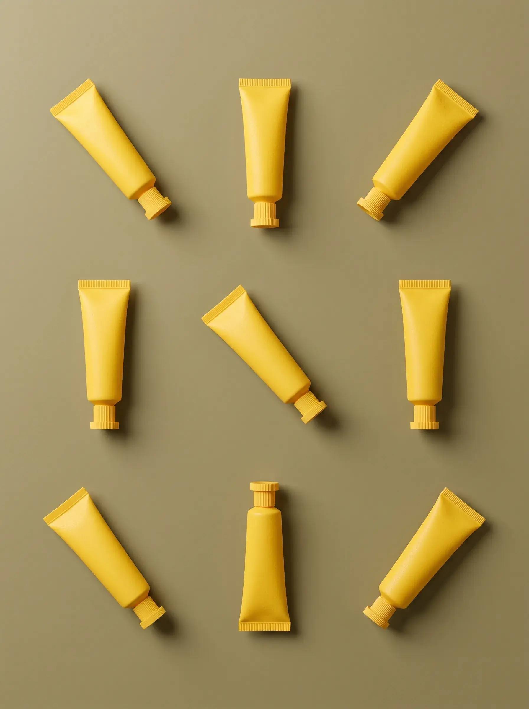 Neuf petits tubes cosmétiques jaunes disposés en cercle sur fond vert olive