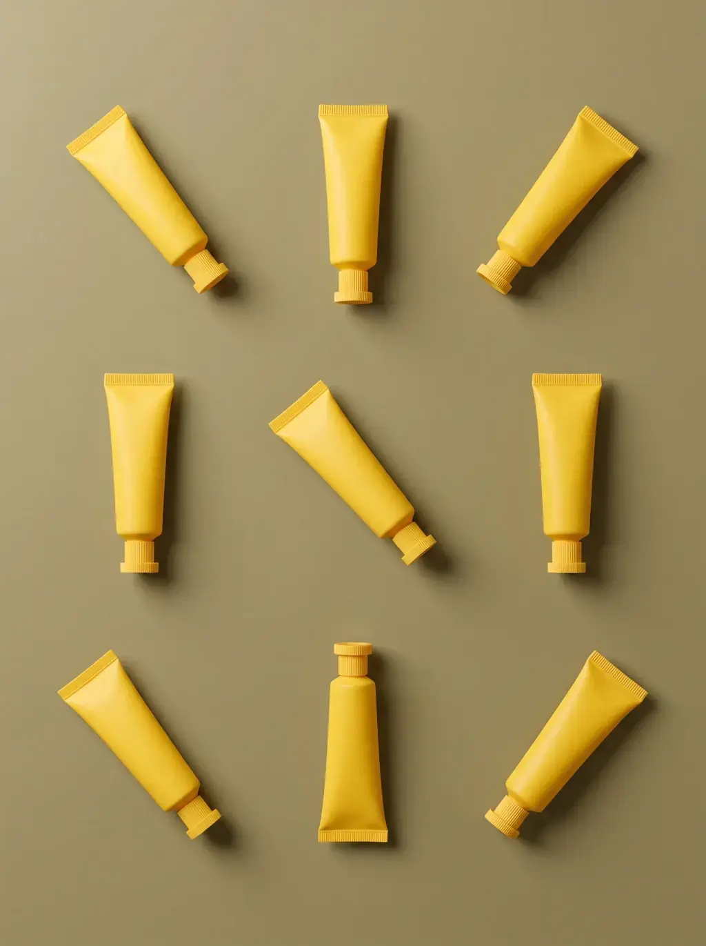 Neuf petits tubes cosmétiques jaunes disposés en cercle sur fond vert olive