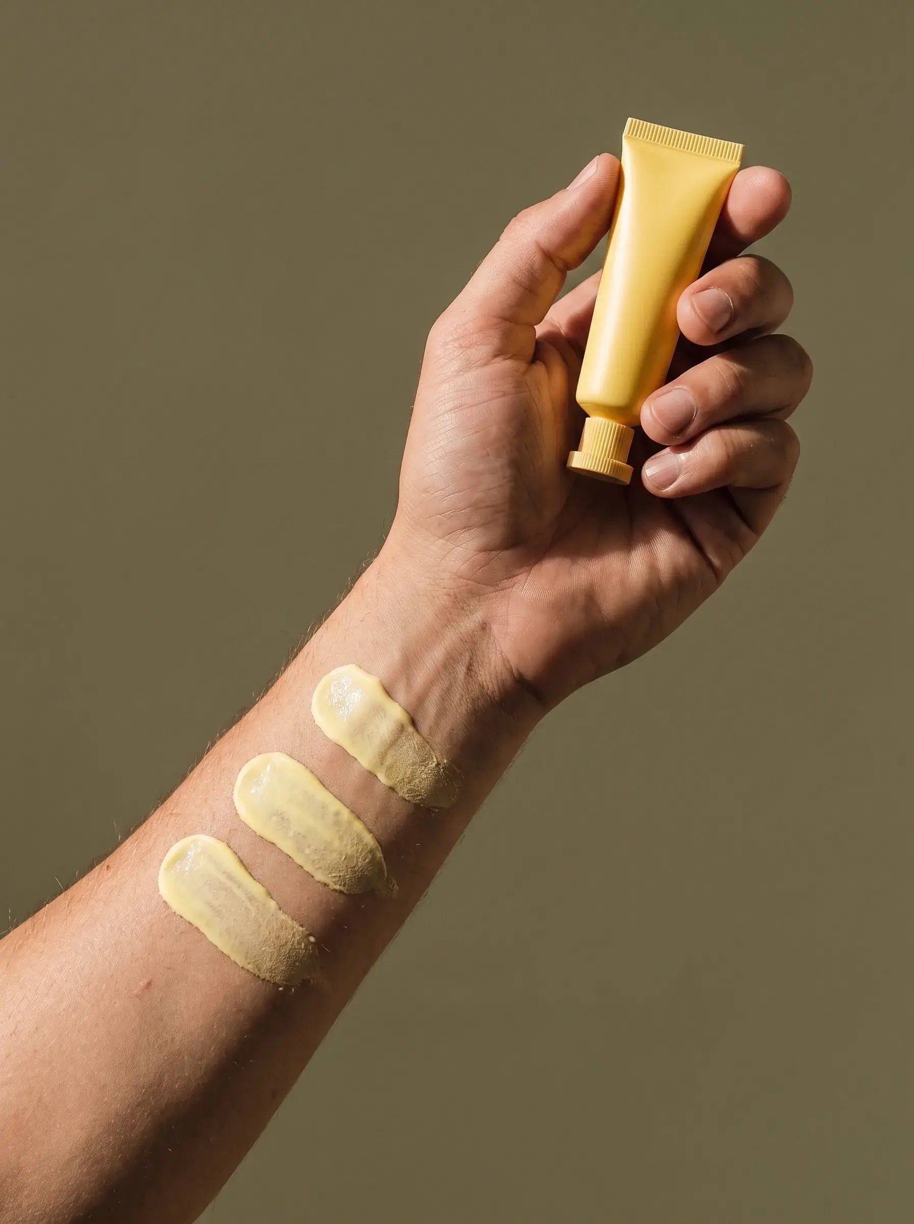 Main tenant un tube jaune au-dessus d’un avant-bras couvert de bandes de crème