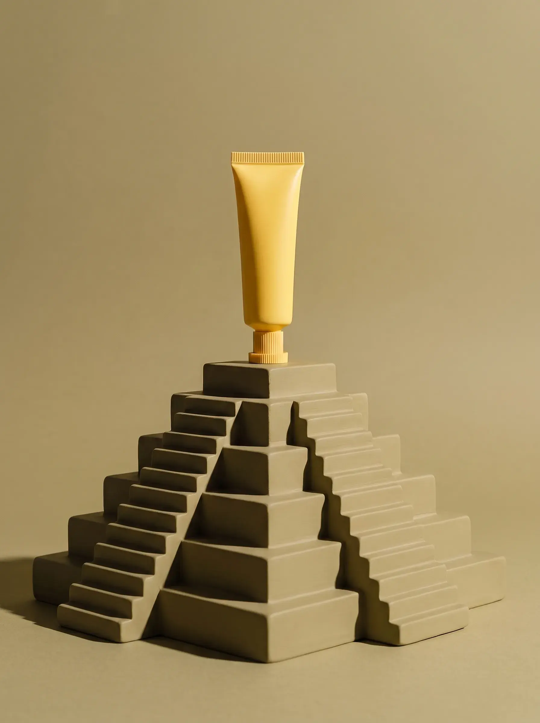 Tube jaune dressé au sommet d’une pyramide d’escaliers vert olive