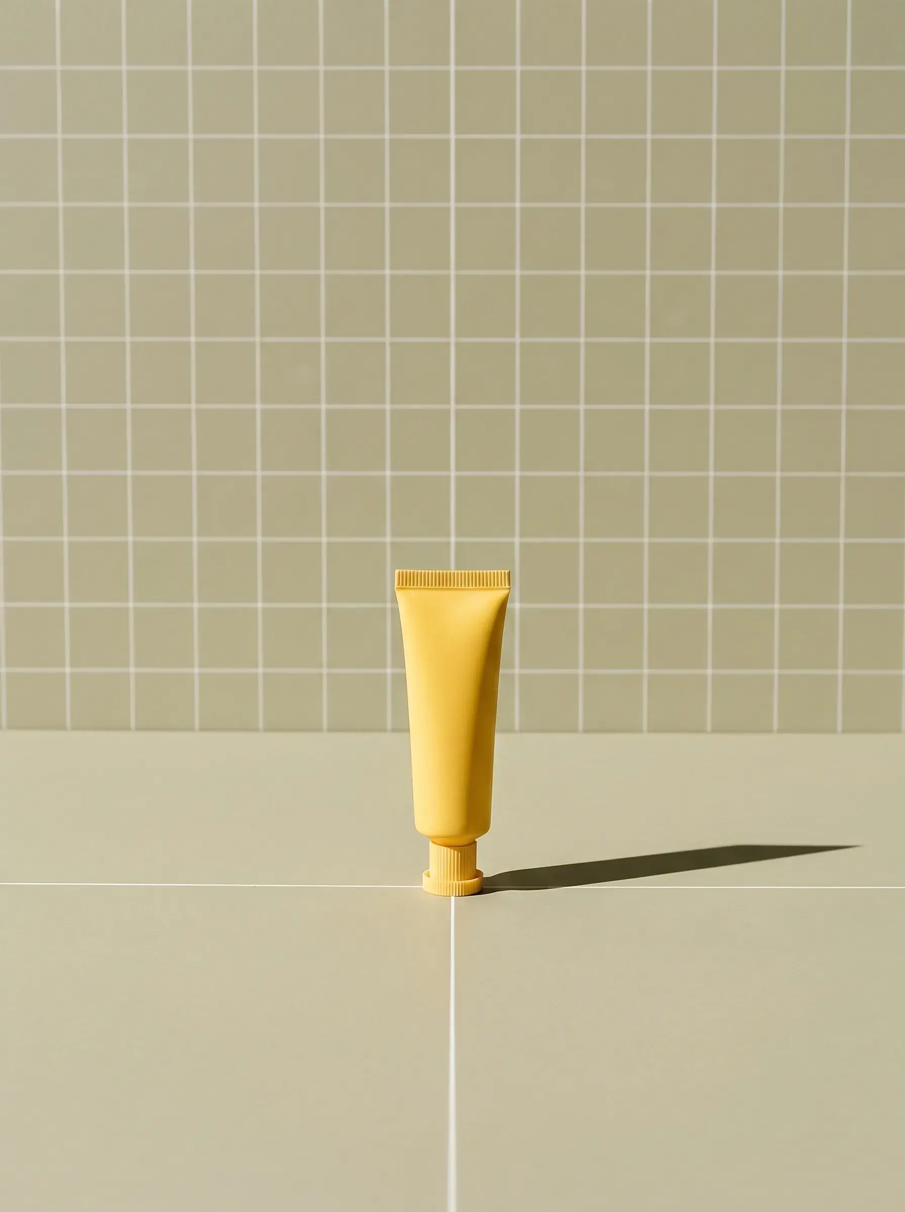 Petit tube jaune posé devant un mur de mosaïque beige quadrillée