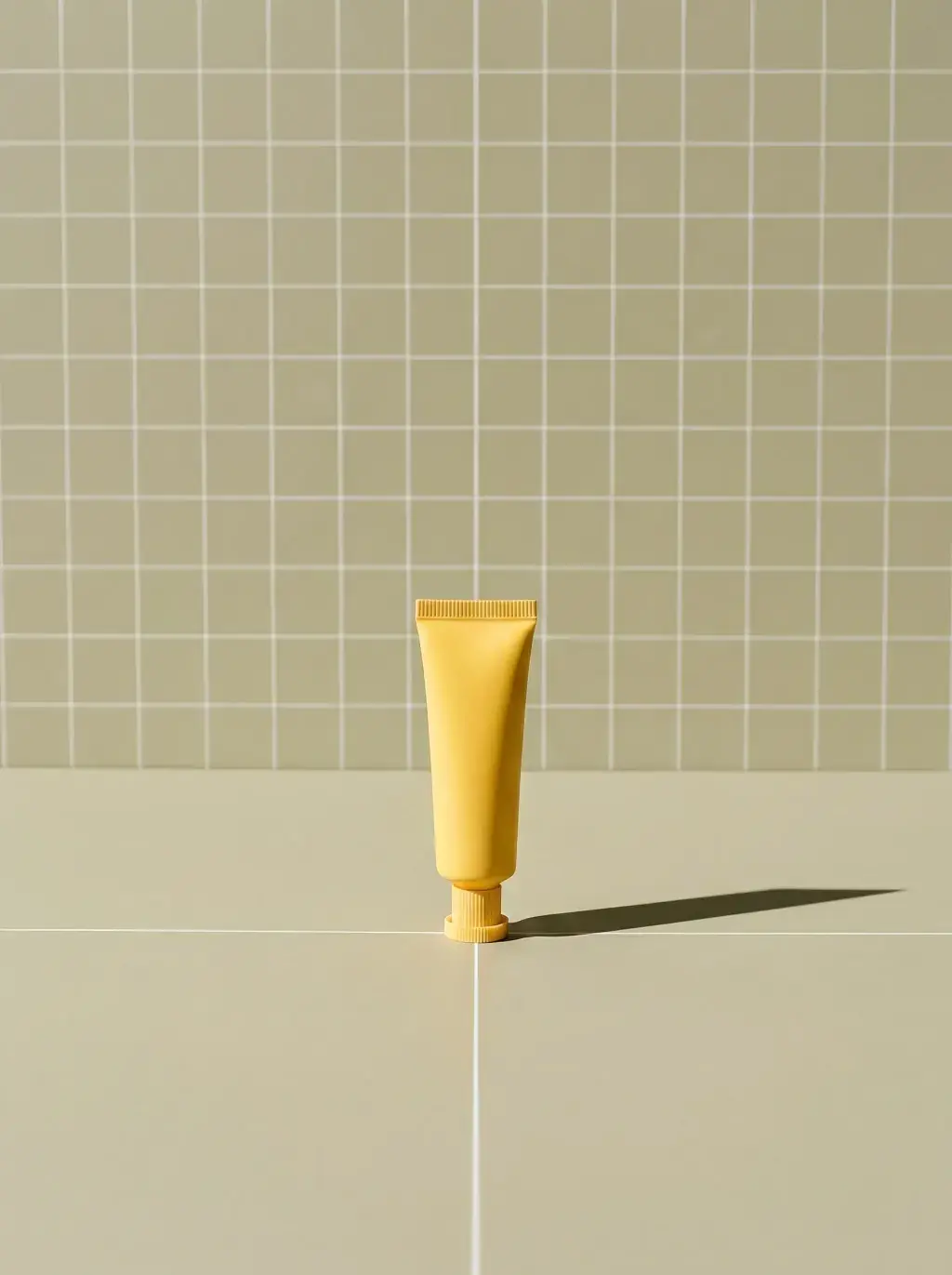 Petit tube jaune posé devant un mur de mosaïque beige quadrillée