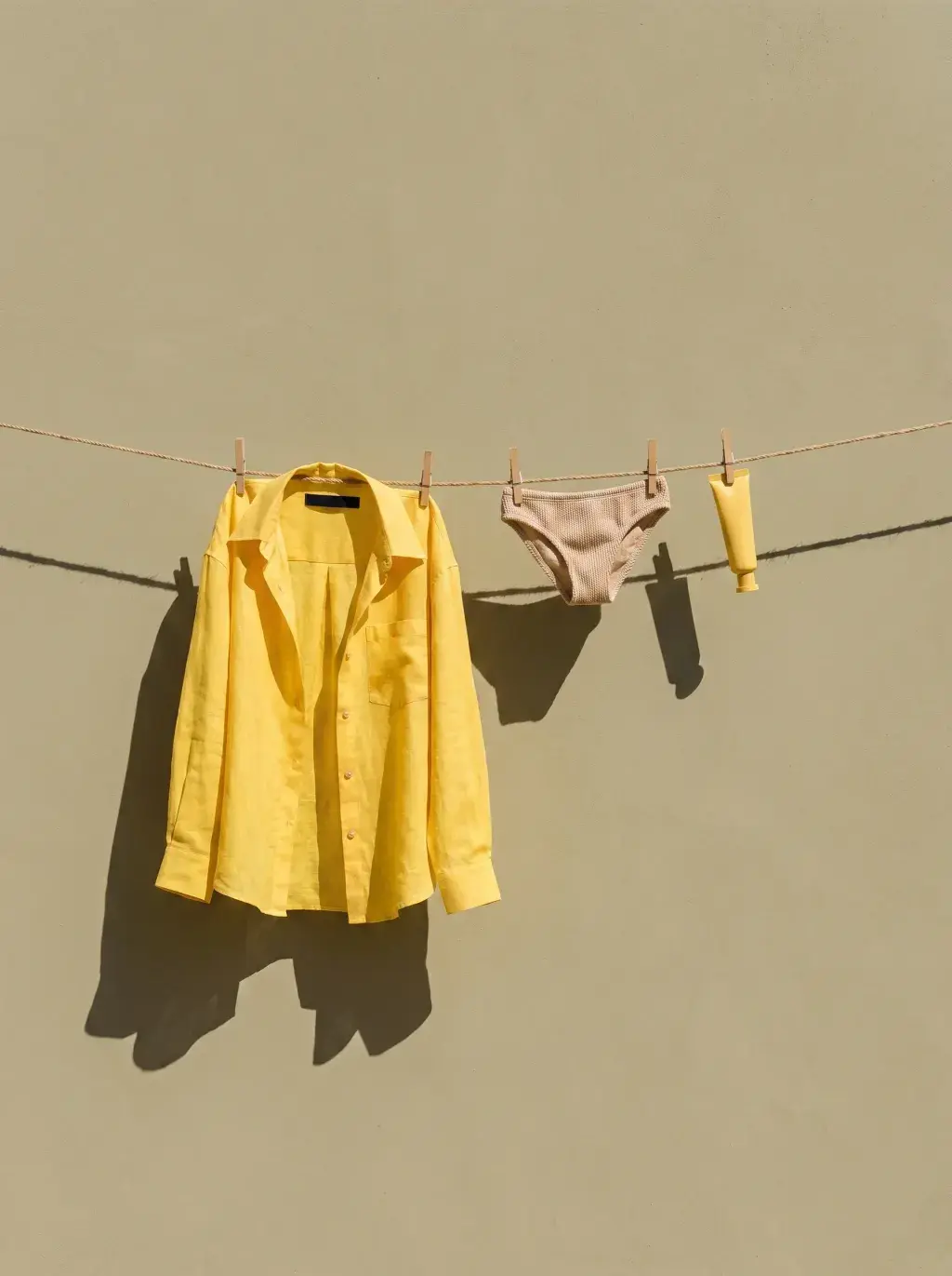 Chemise jaune et petits tubes cosmétiques séchant sur une corde à linge au soleil