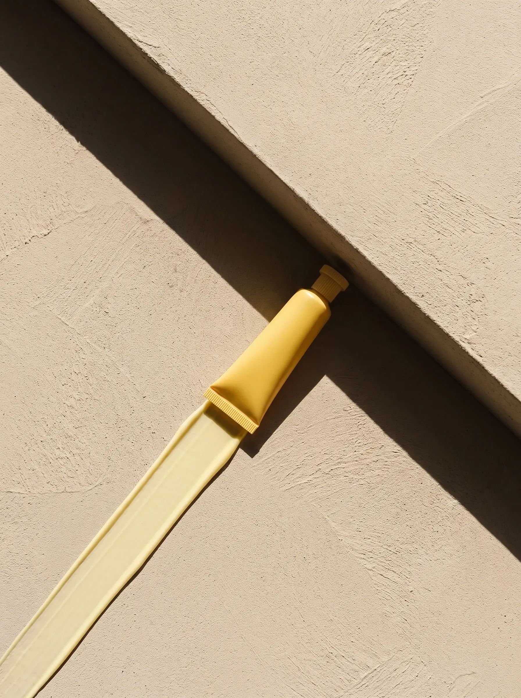 Spatule métallique enduite de crème jaune posée en diagonale à côté d’un tube