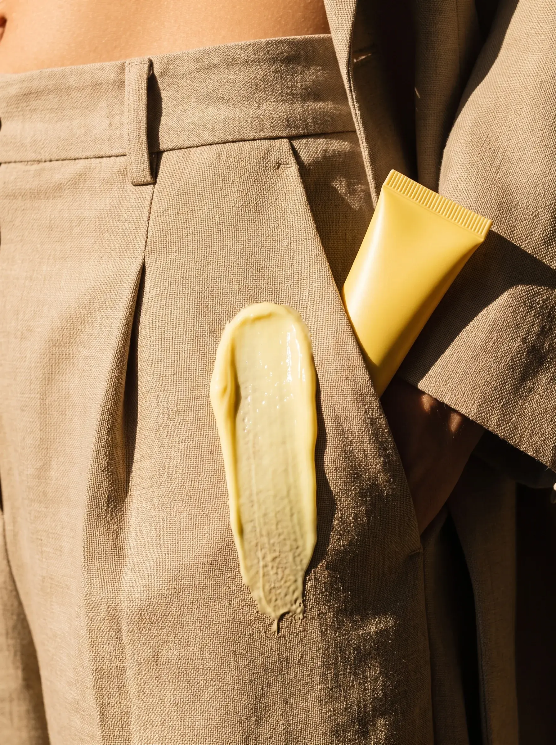 Pantalon beige marqué d’une large trace de crème jaune à côté d’un tube