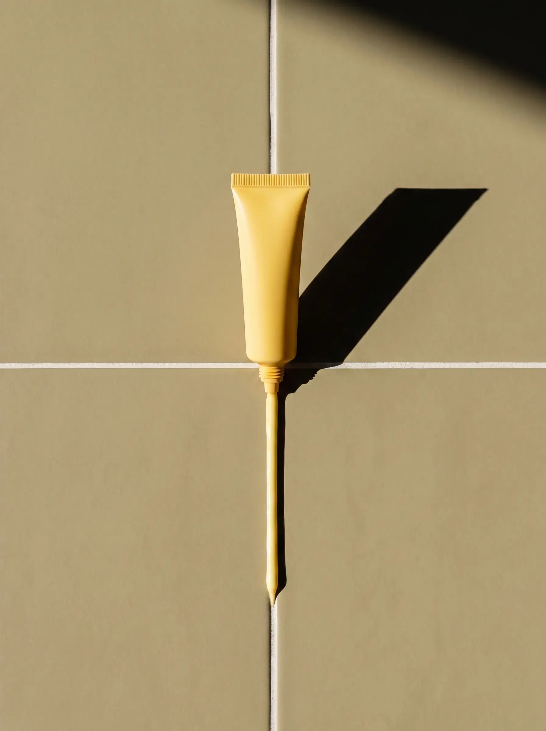 Tube cosmétique jaune posé sur une ligne blanche avec une grande ombre noire angulaire