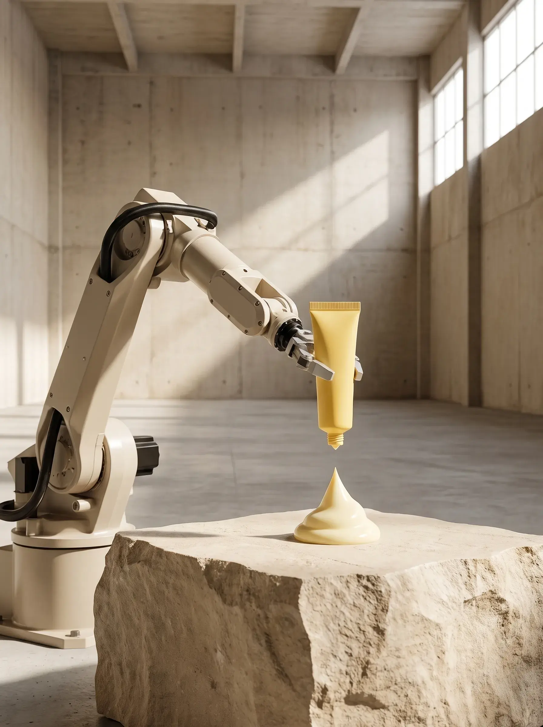 Bras robotisé pressant un tube jaune au-dessus d’un socle de pierre