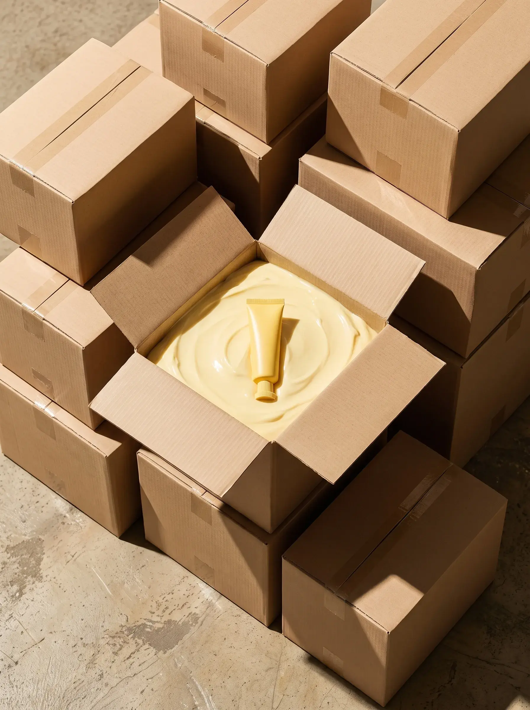 Tube cosmétique jaune niché dans une crème onctueuse au milieu de cartons d’expédition