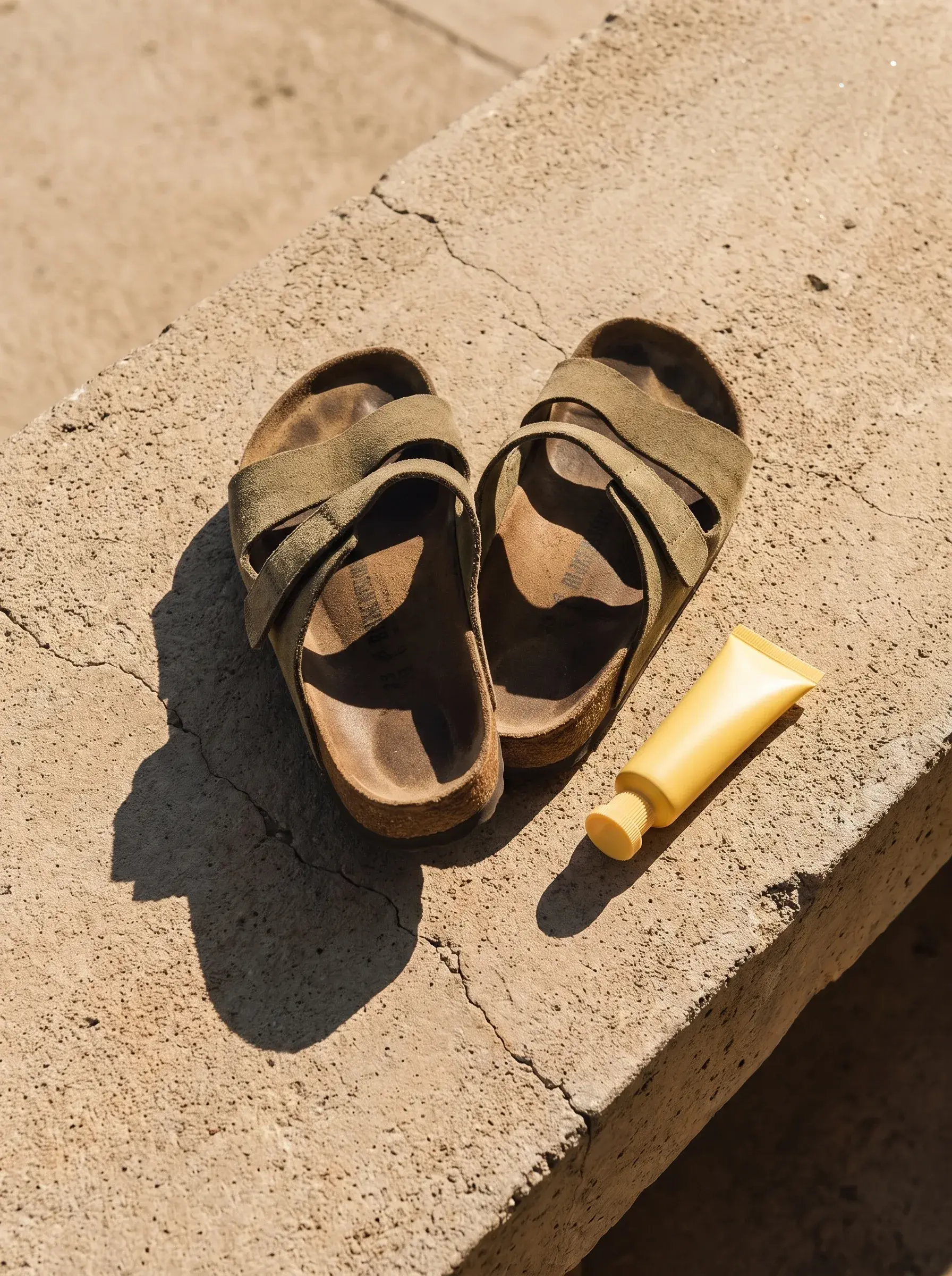 Sandales noires et tube cosmétique jaune posés sur une dalle de béton au soleil
