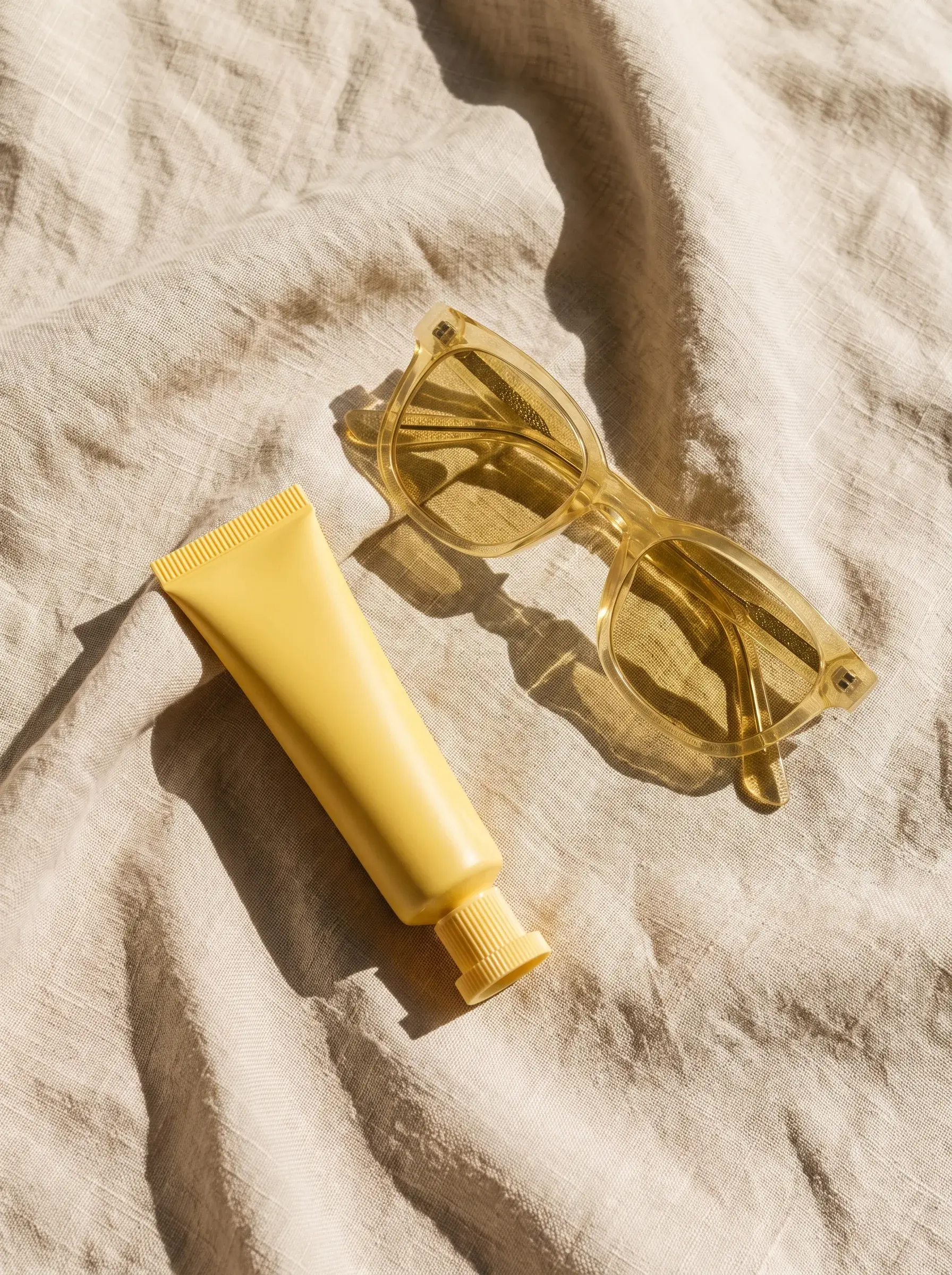 Tube jaune et lunettes transparentes posés sur une serviette blanche texturée