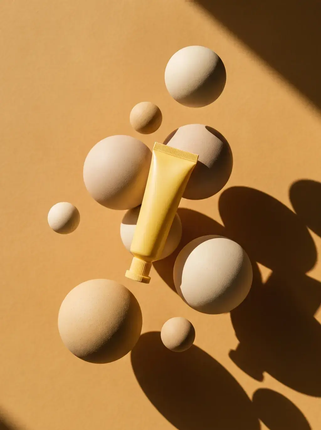 Tube cosmétique jaune entouré de sphères beiges en lévitation