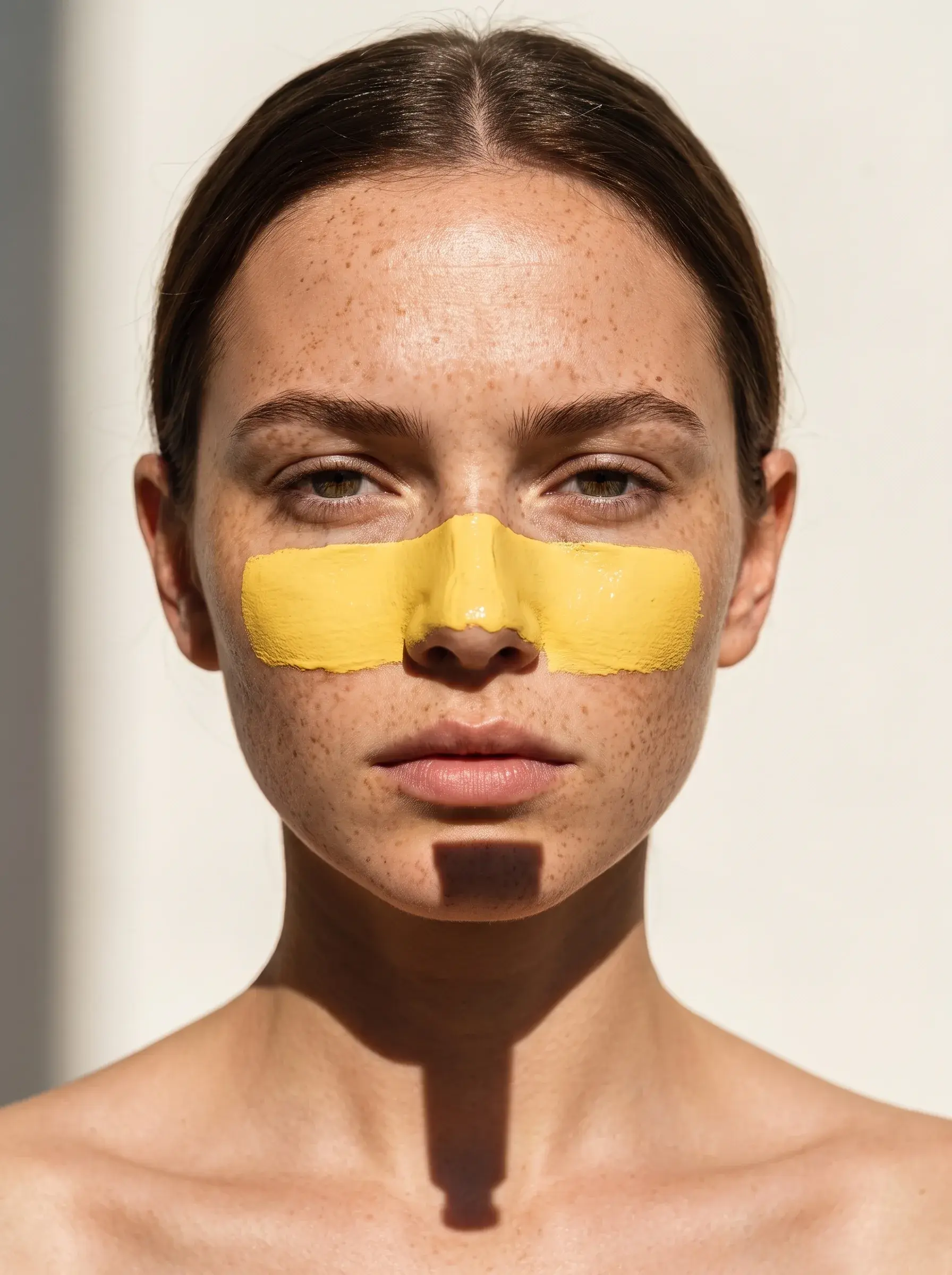 Portrait d’une femme portant un masque de crème jaune en bande sur le nez