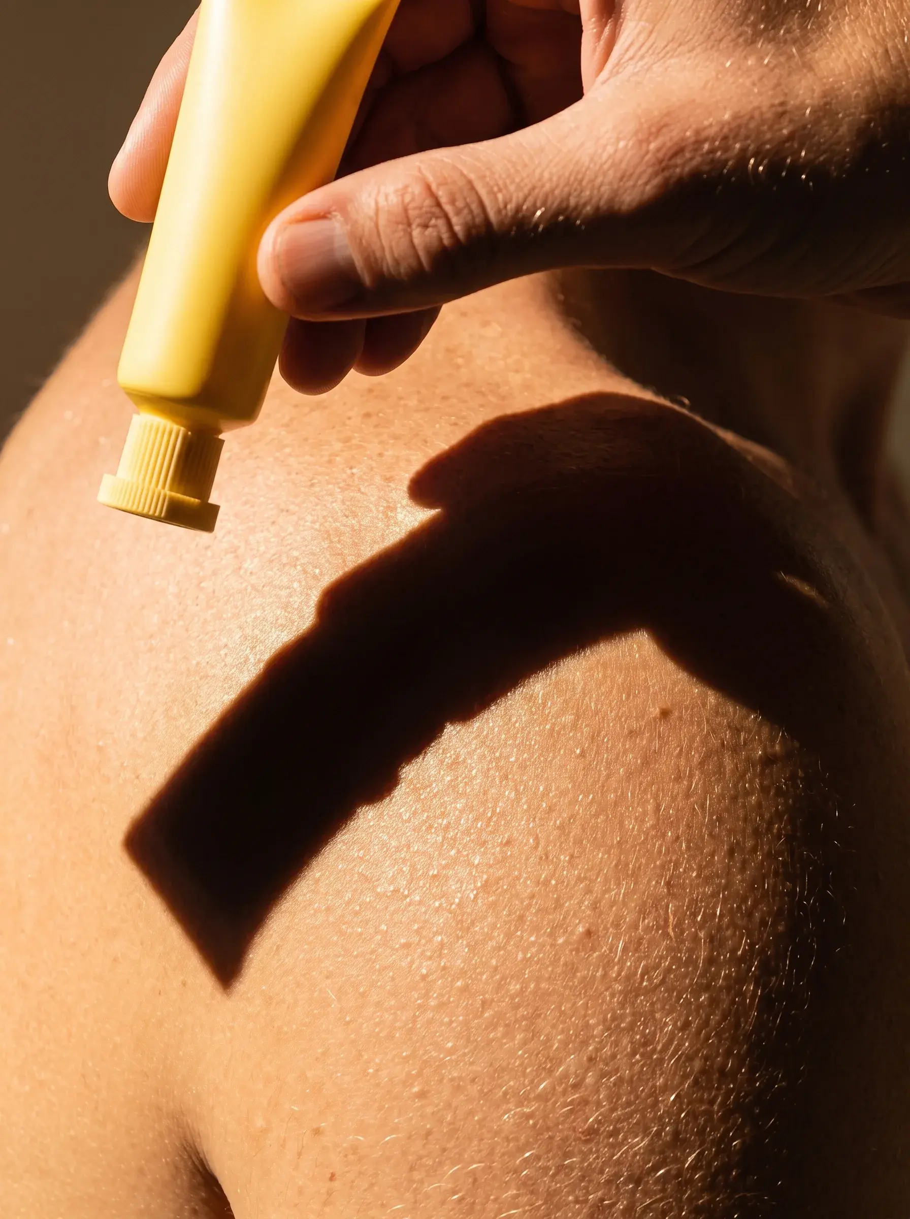 Main appliquant une crème jaune sur l’épaule nue d’une femme au soleil