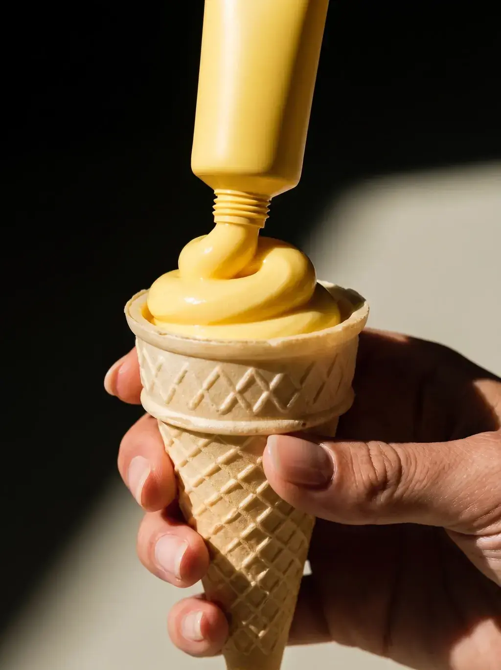 Main pressant un tube jaune pour former une glace crémeuse dans un cornet