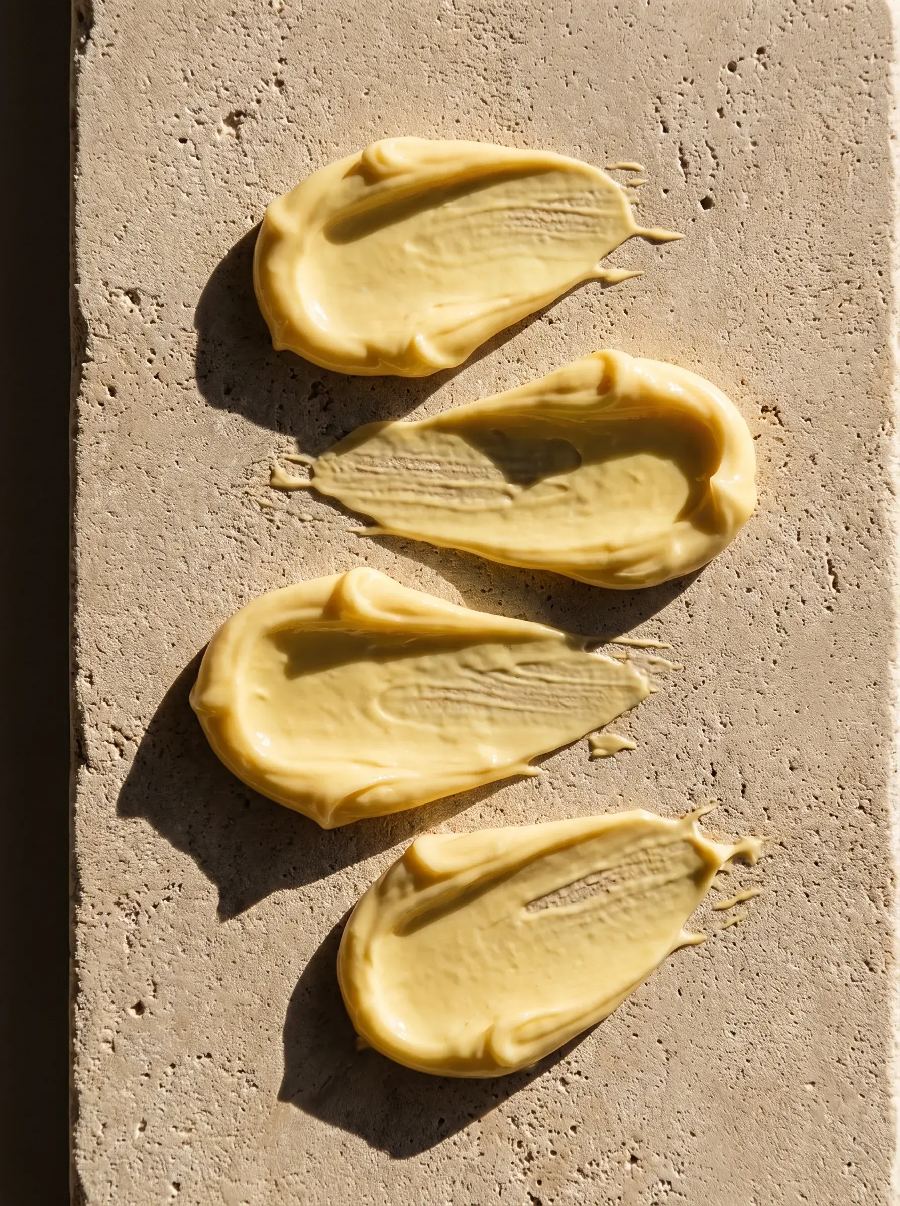 Quatre larges traces de crème jaune étalées sur un mur minéral