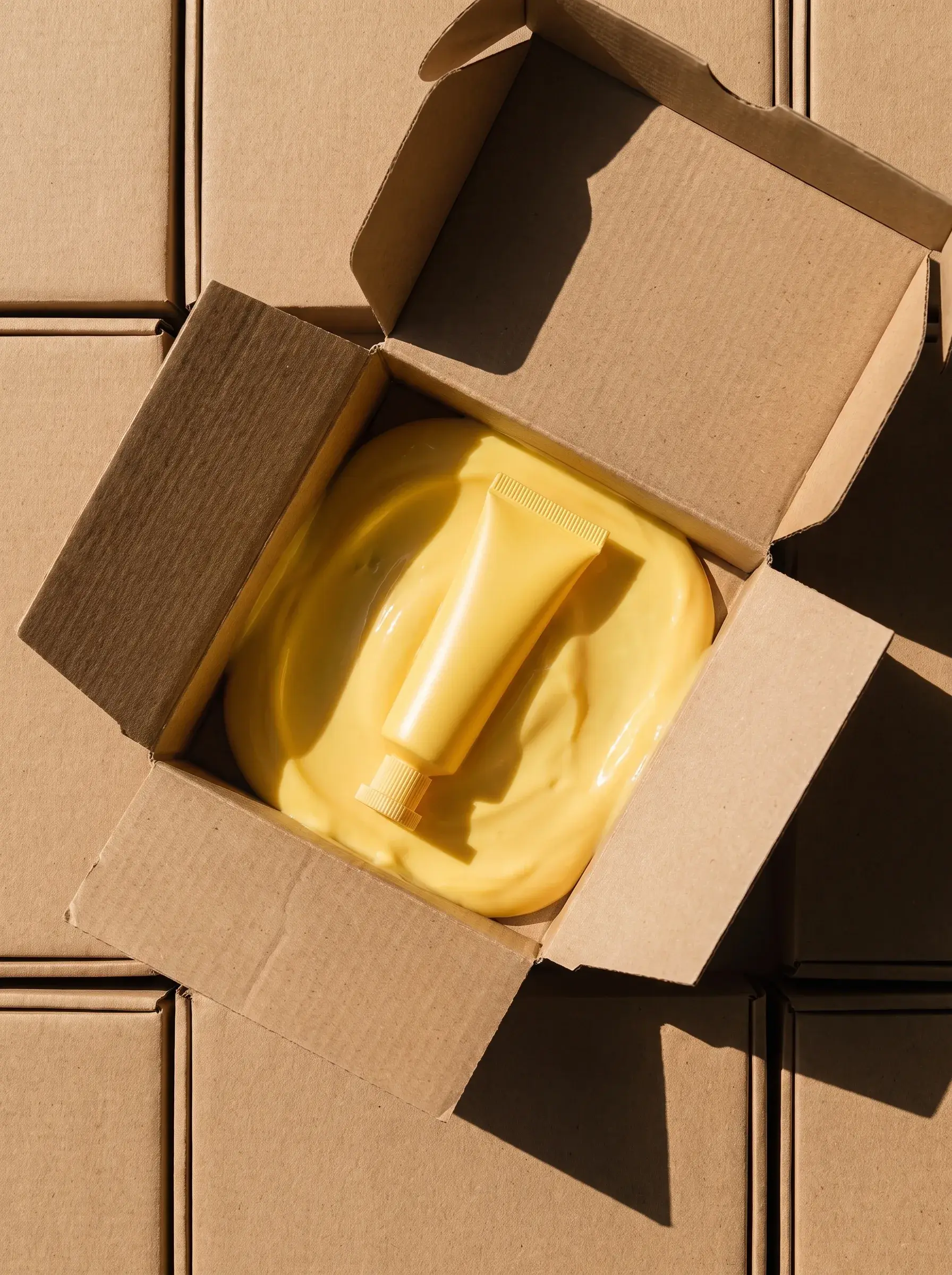 Tube cosmétique jaune niché dans une crème épaisse au centre de cartons ouverts