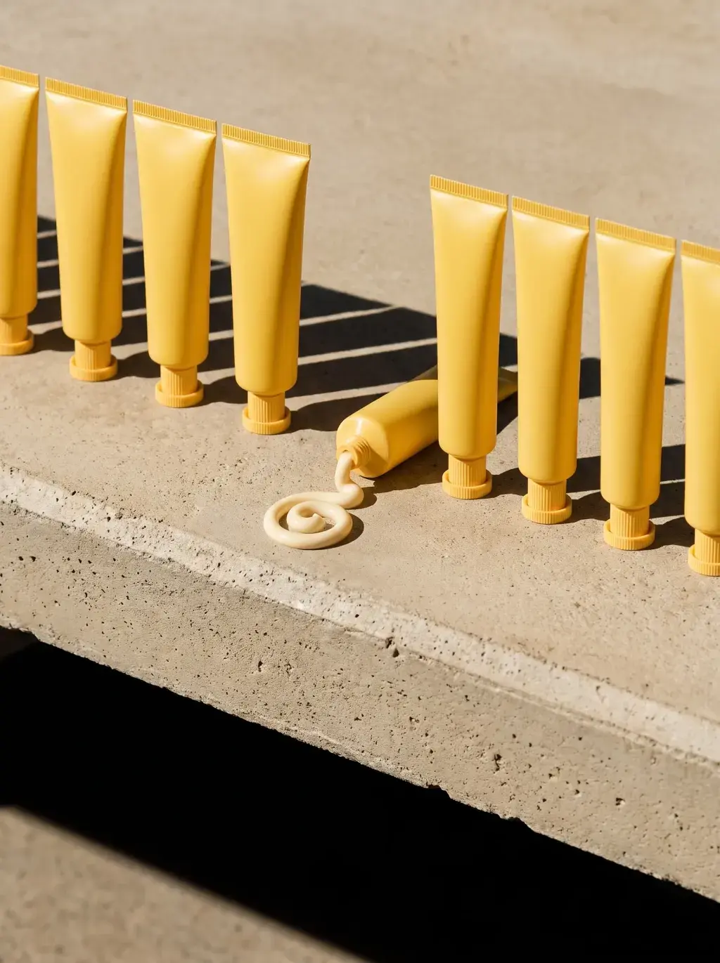 Deux rangées de tubes jaunes alignés sur une table de béton