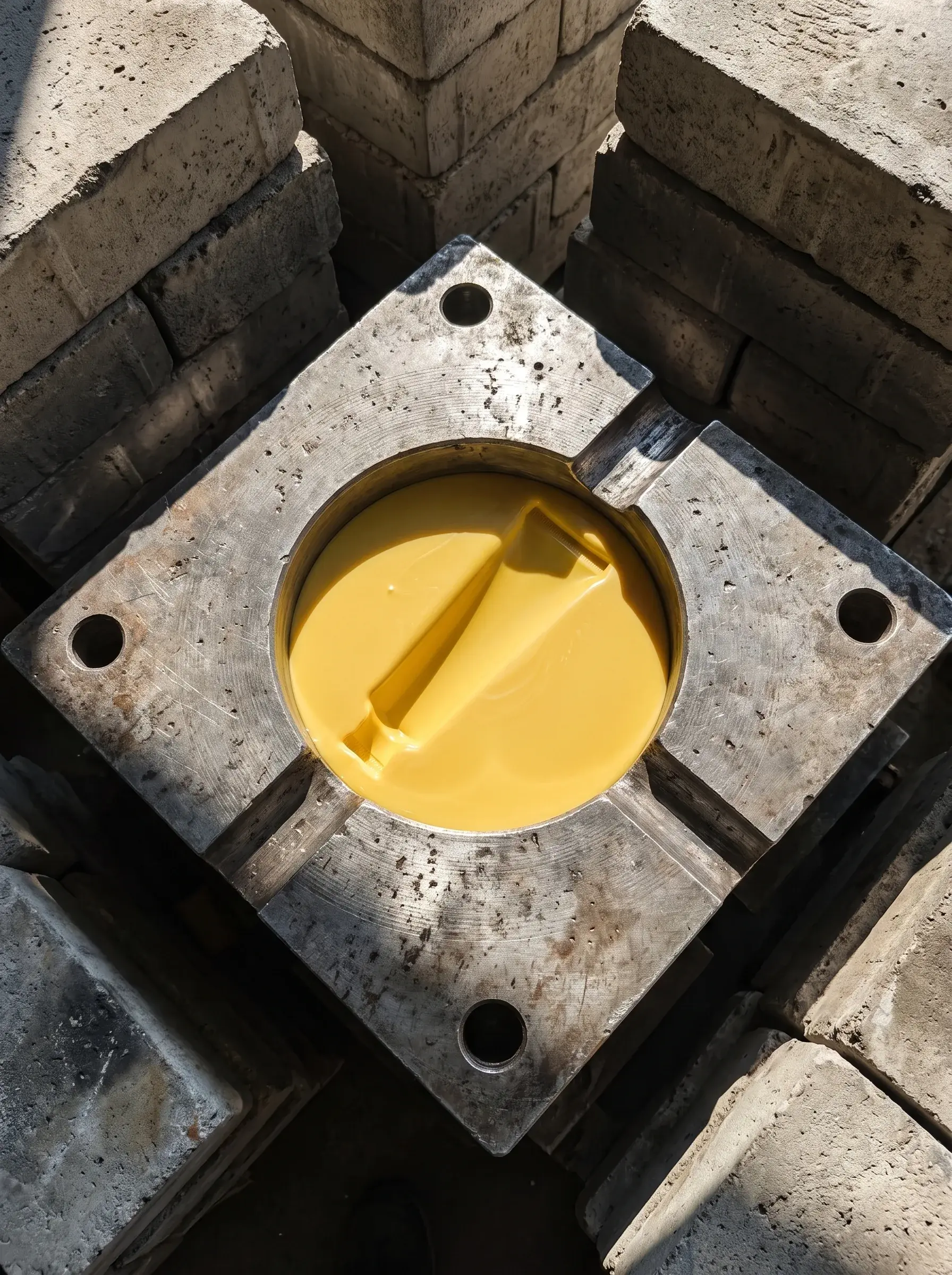 Tube jaune immergé dans un moule industriel rempli de matière cosmétique