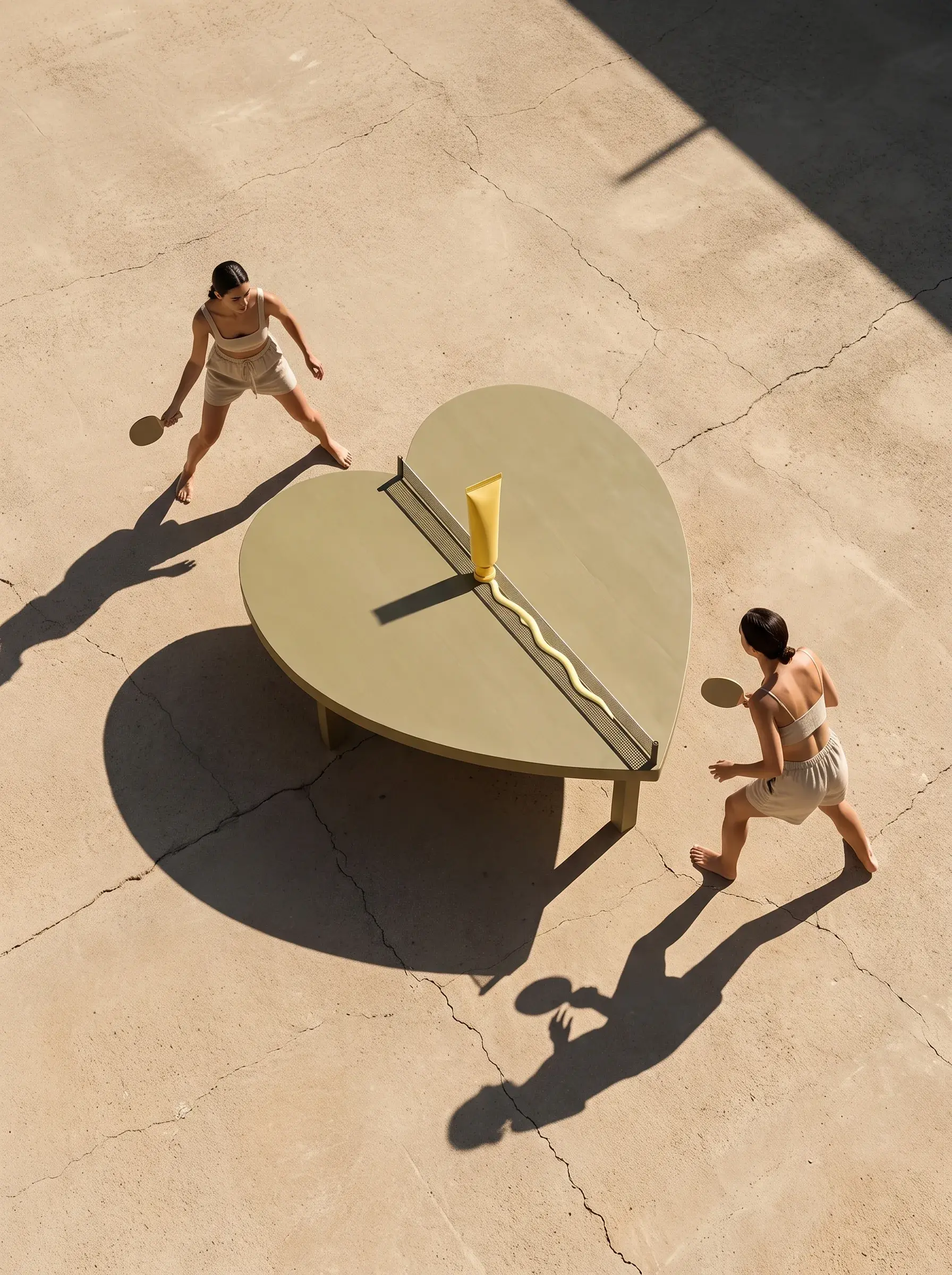 Deux femmes jouant au tennis de table autour d’une table ronde beige avec un tube jaune