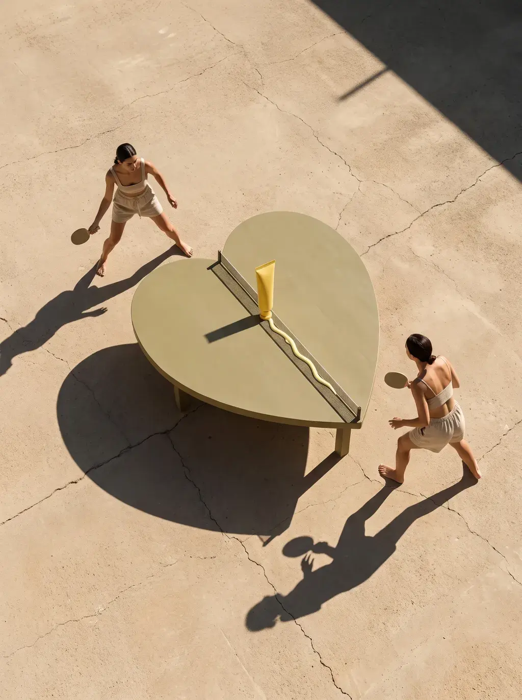 Deux femmes jouant au tennis de table autour d’une table ronde beige avec un tube jaune