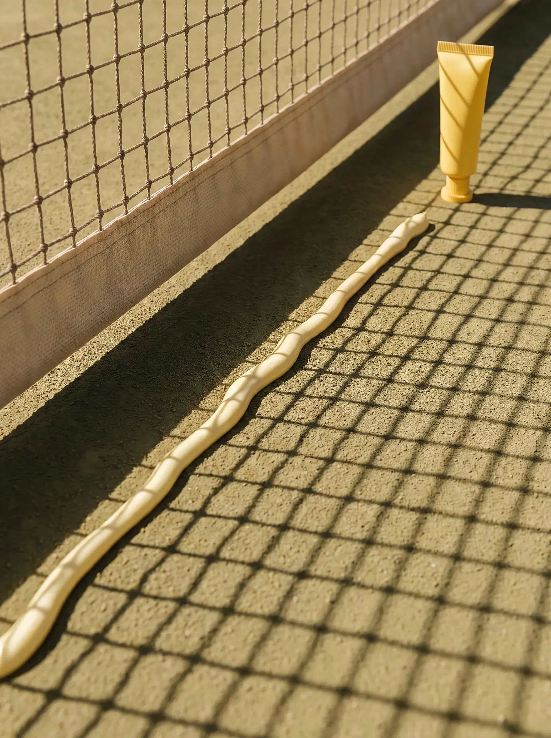 Tube cosmétique jaune au pied d’un filet de tennis bordé d’une ligne de crème