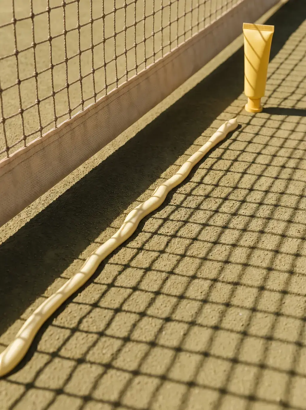 Tube cosmétique jaune au pied d’un filet de tennis bordé d’une ligne de crème