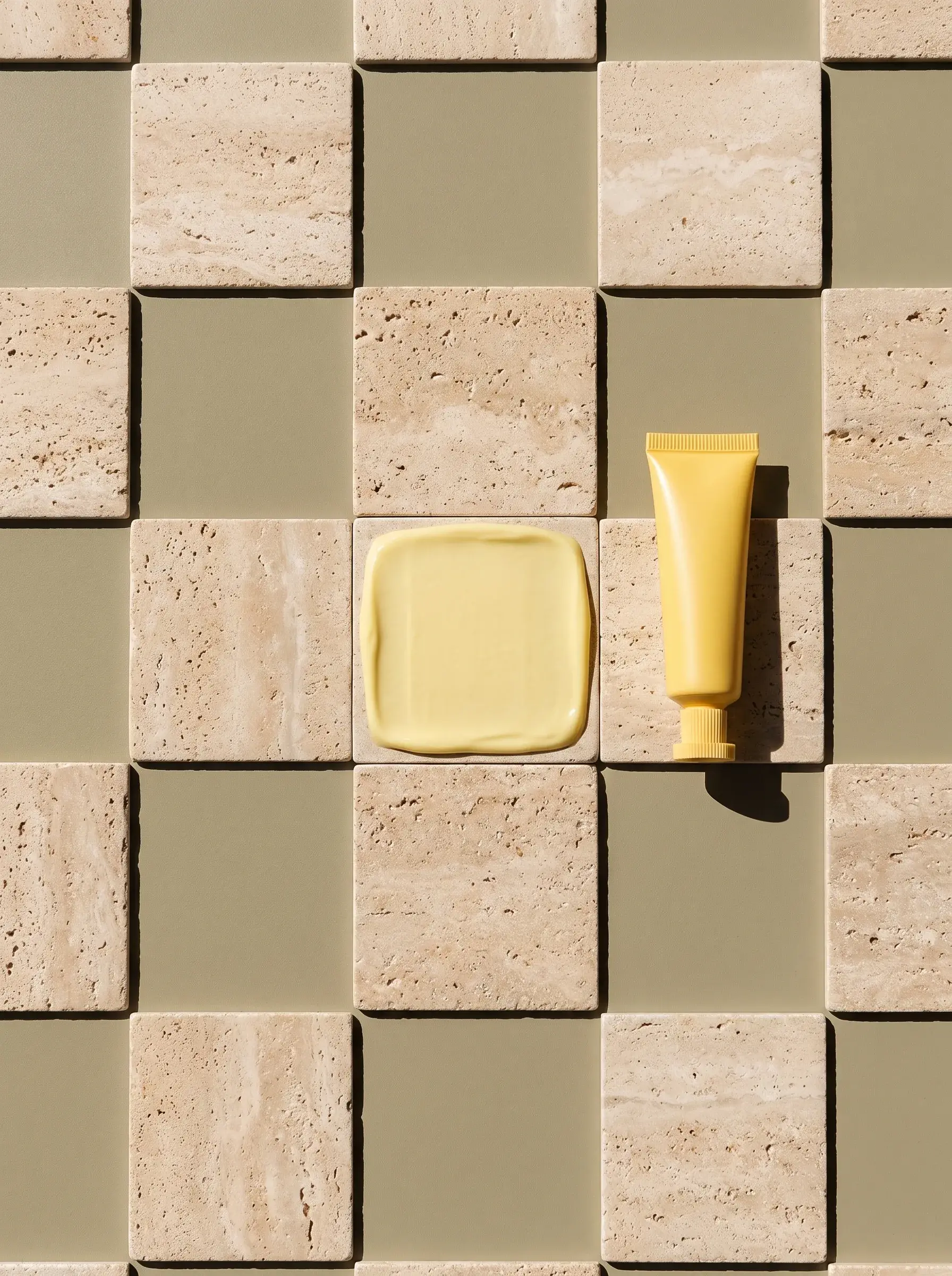 Tube jaune et carré de crème intégrés dans une mosaïque beige et vert olive