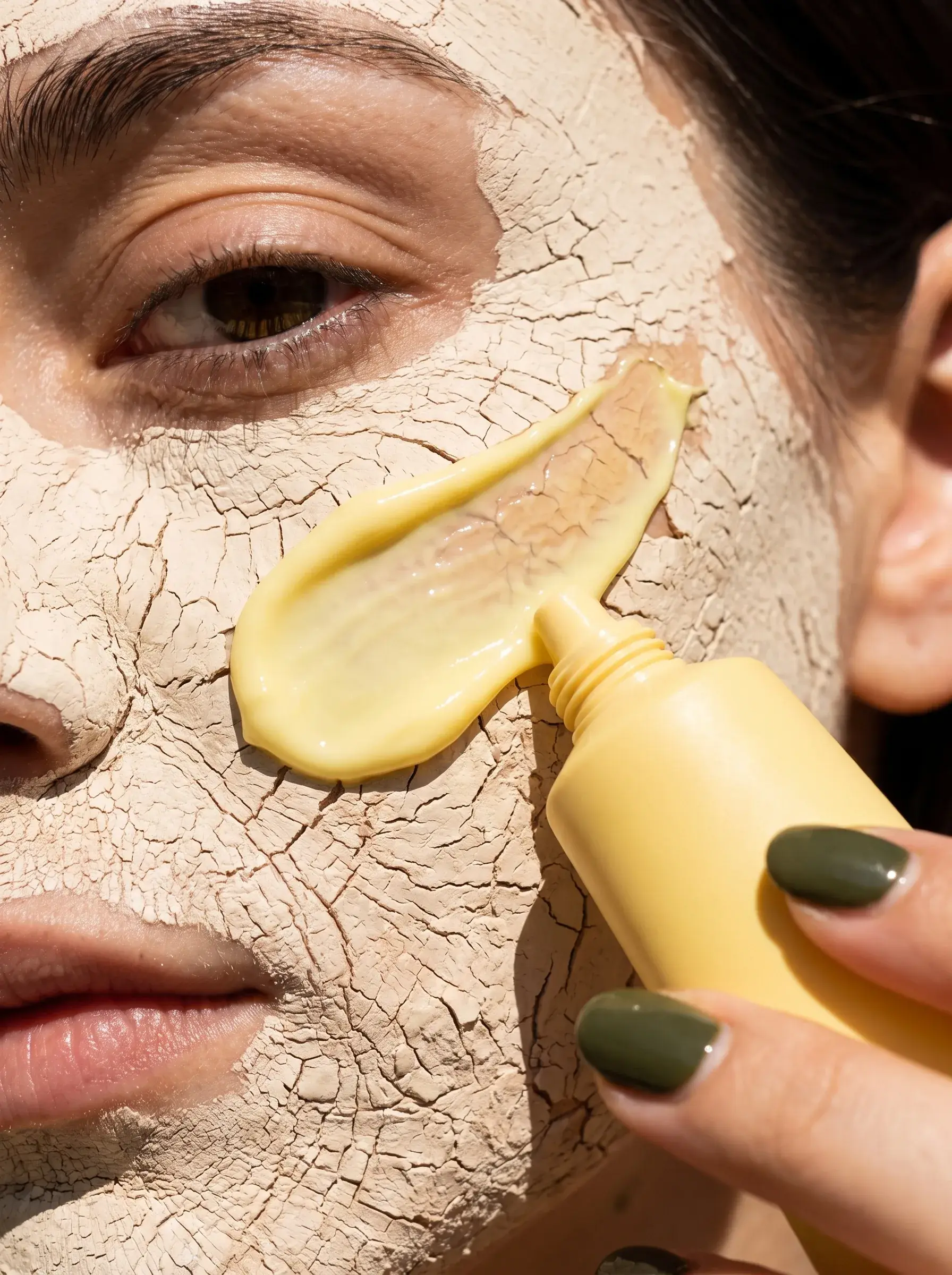 Portrait serré d’une femme étalant une crème jaune sur un masque d’argile sec