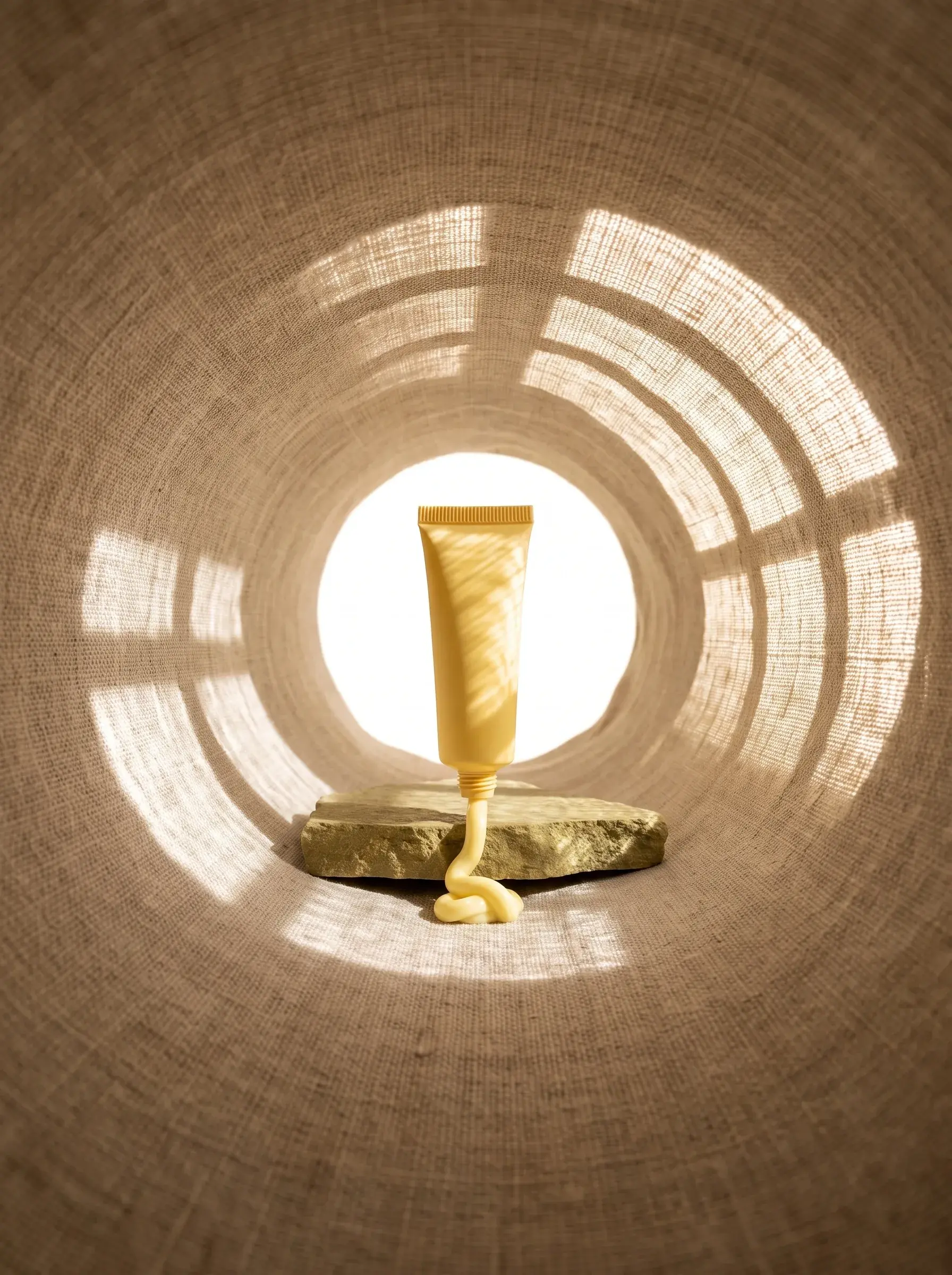 Tube cosmétique jaune éclairé au centre d’un tunnel circulaire concentrique