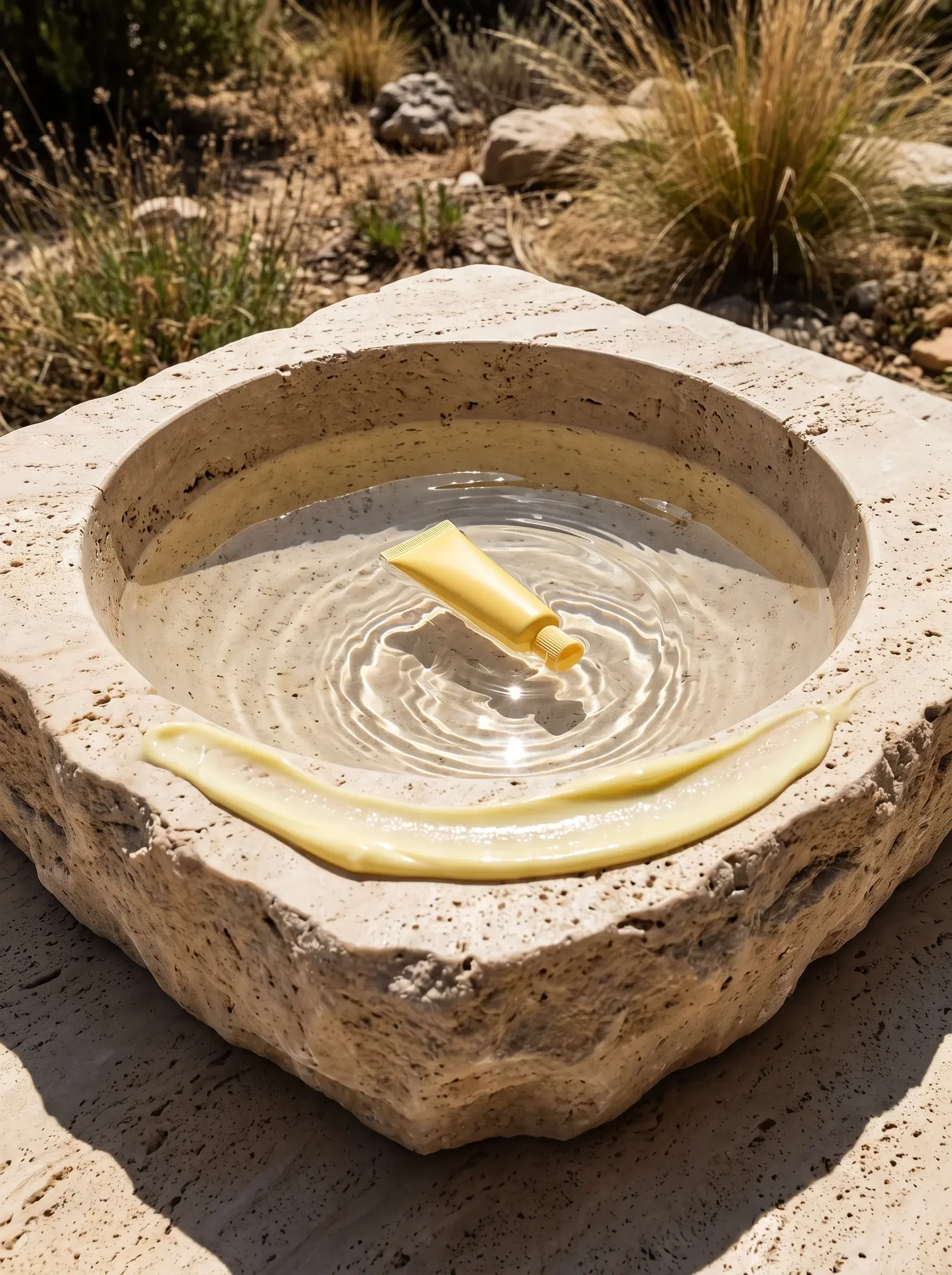 Tube jaune posé dans un bassin de pierre rempli d’eau avec une traînée de crème