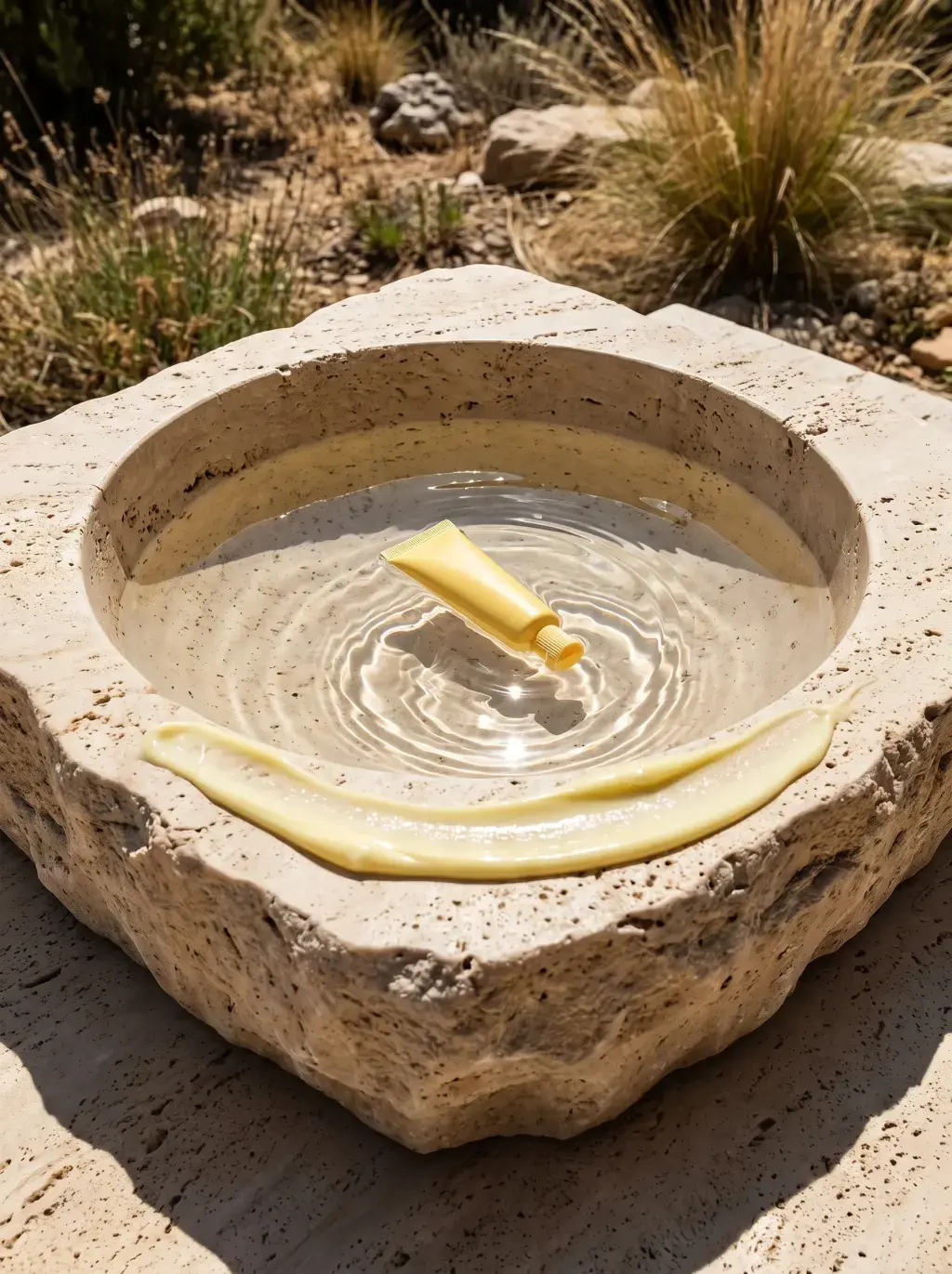 Tube jaune posé dans un bassin de pierre rempli d’eau avec une traînée de crème