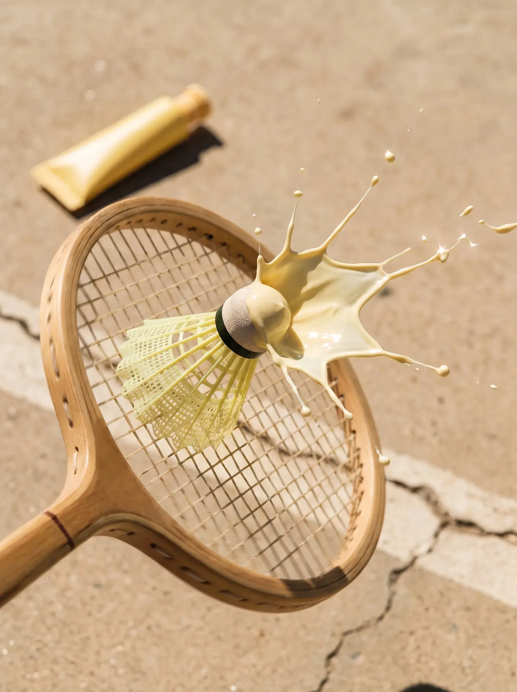 Tube et volant de badminton provoquant une éclaboussure de crème sur une raquette