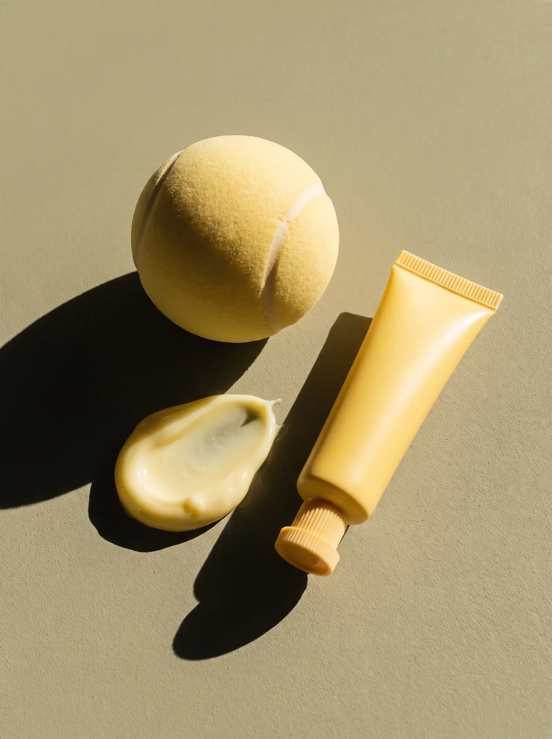 Tube jaune, balle de tennis et noisette de crème composés sur fond vert olive
