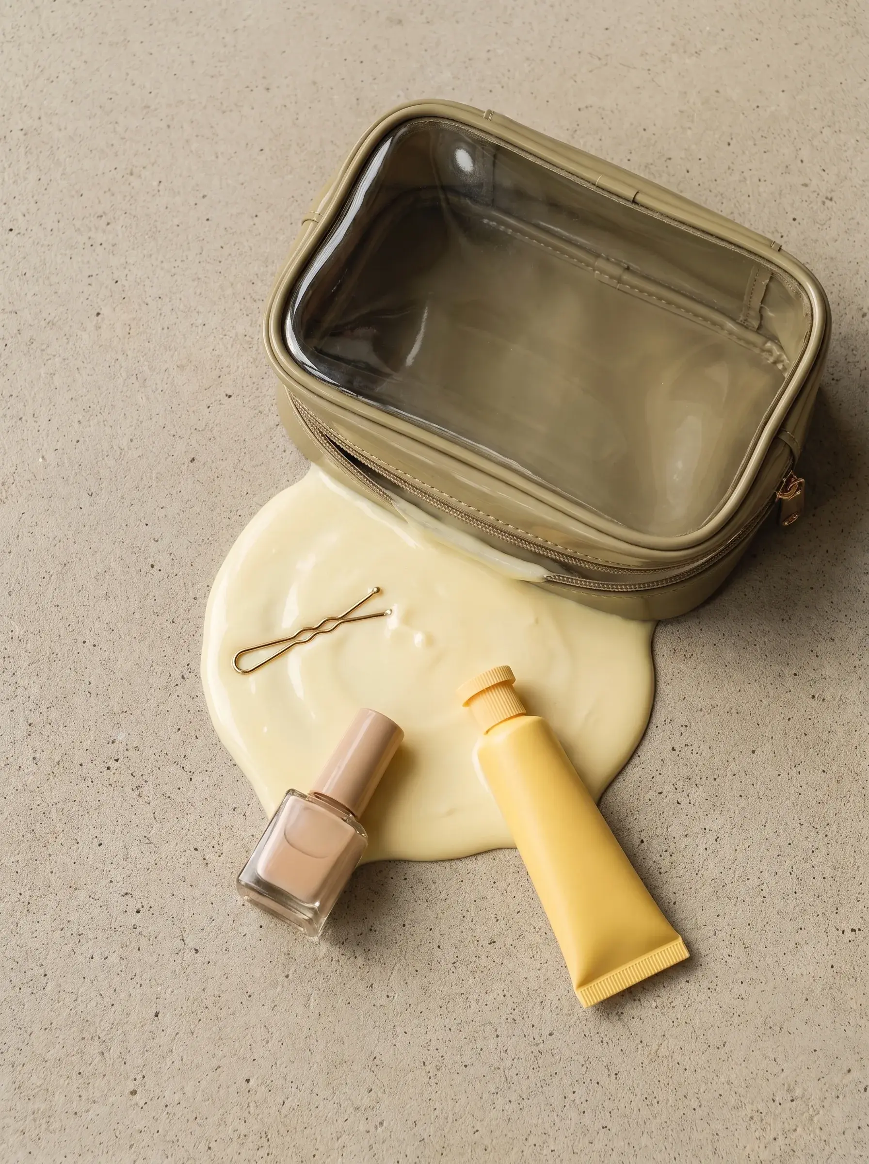 Produits cosmétiques renversés autour d’une boîte métallique et d’une flaque de crème