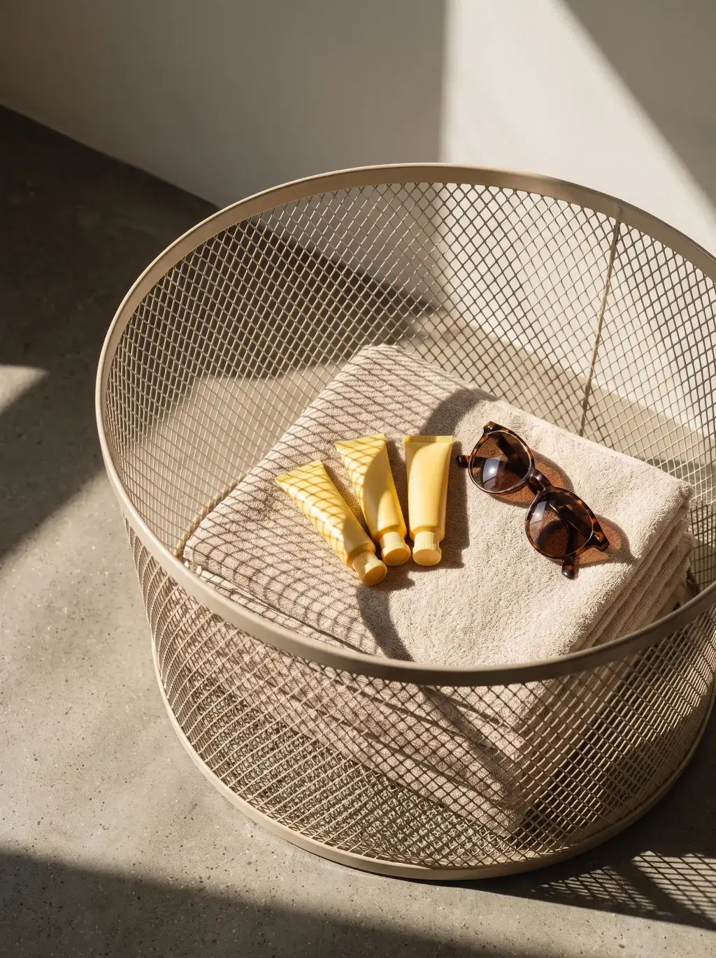 Panier grillagé contenant serviette, tubes jaunes et lunettes de soleil