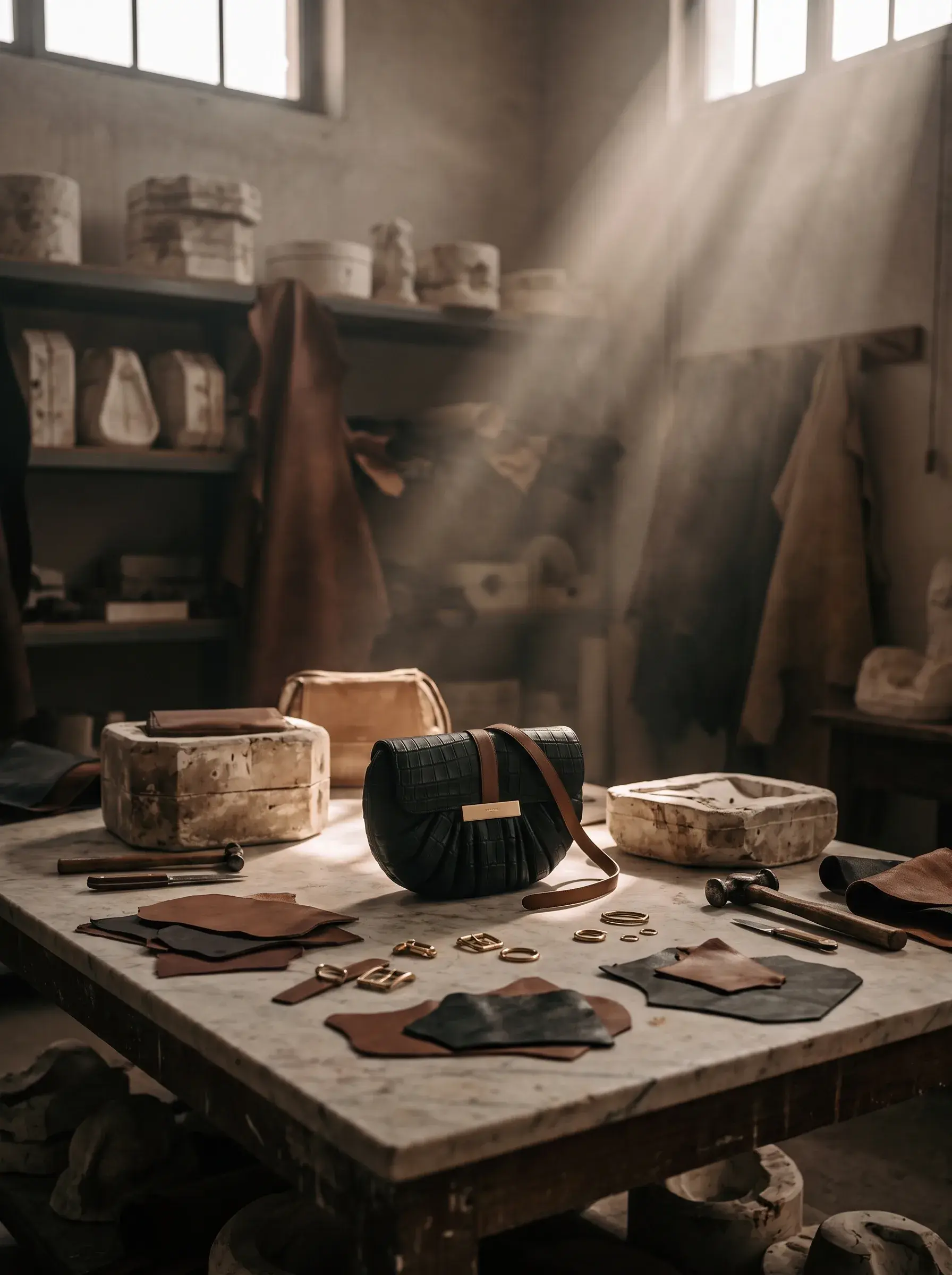 Sac noir entouré d’outils et de pièces de cuir sur une table d’artisan
