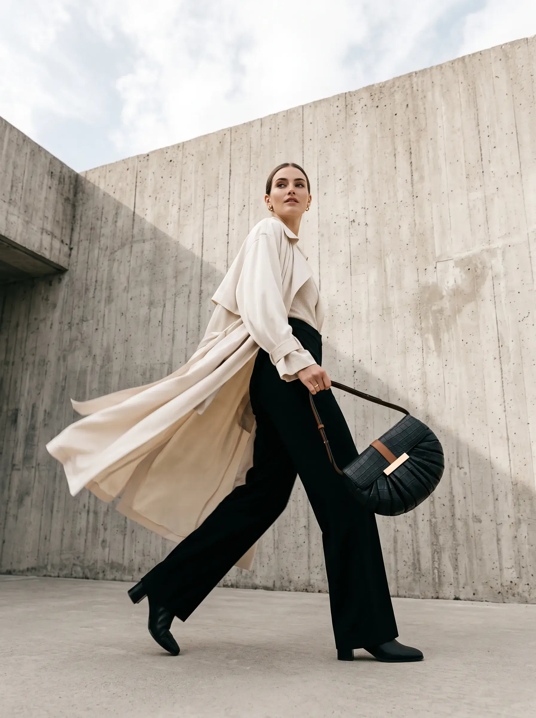 Femme en tenue noire et manteau blanc marchant avec un sac bandoulière tressé
