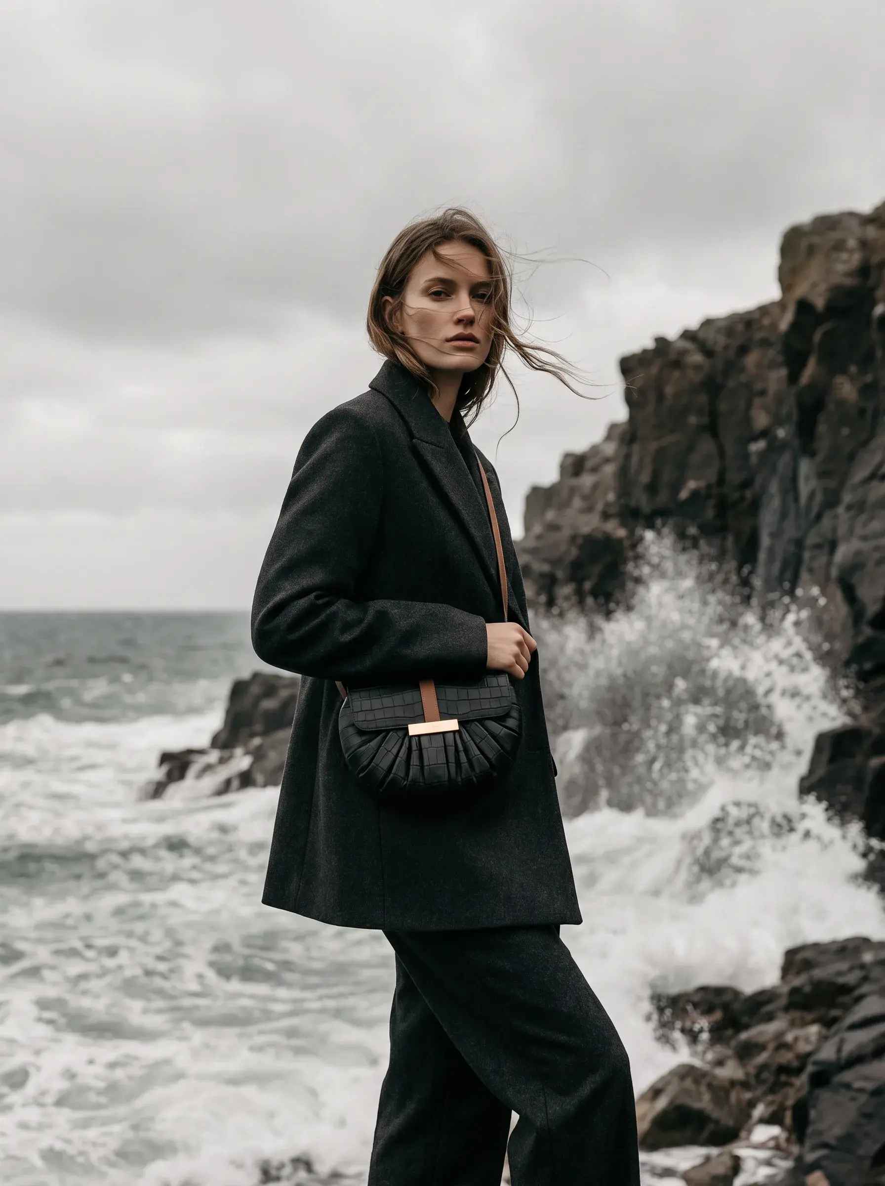 Femme en manteau noir portant un sac tressé au bord d’une mer agitée