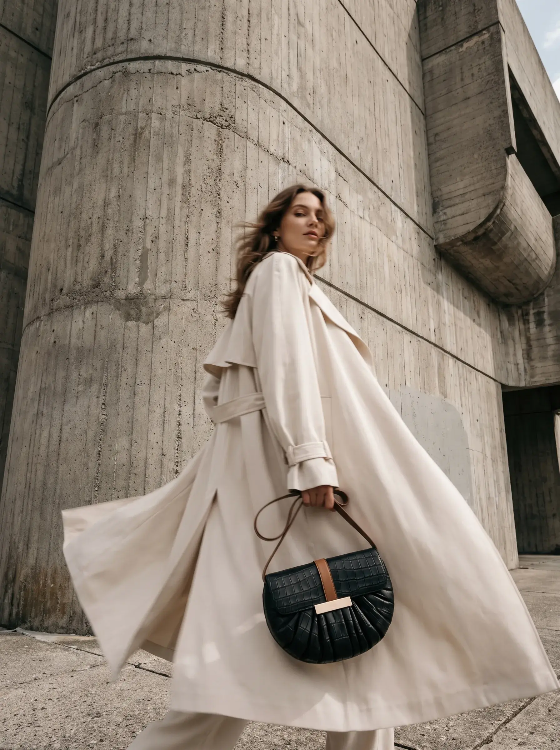 Femme en manteau blanc fluide portant un sac noir devant un mur de béton courbe