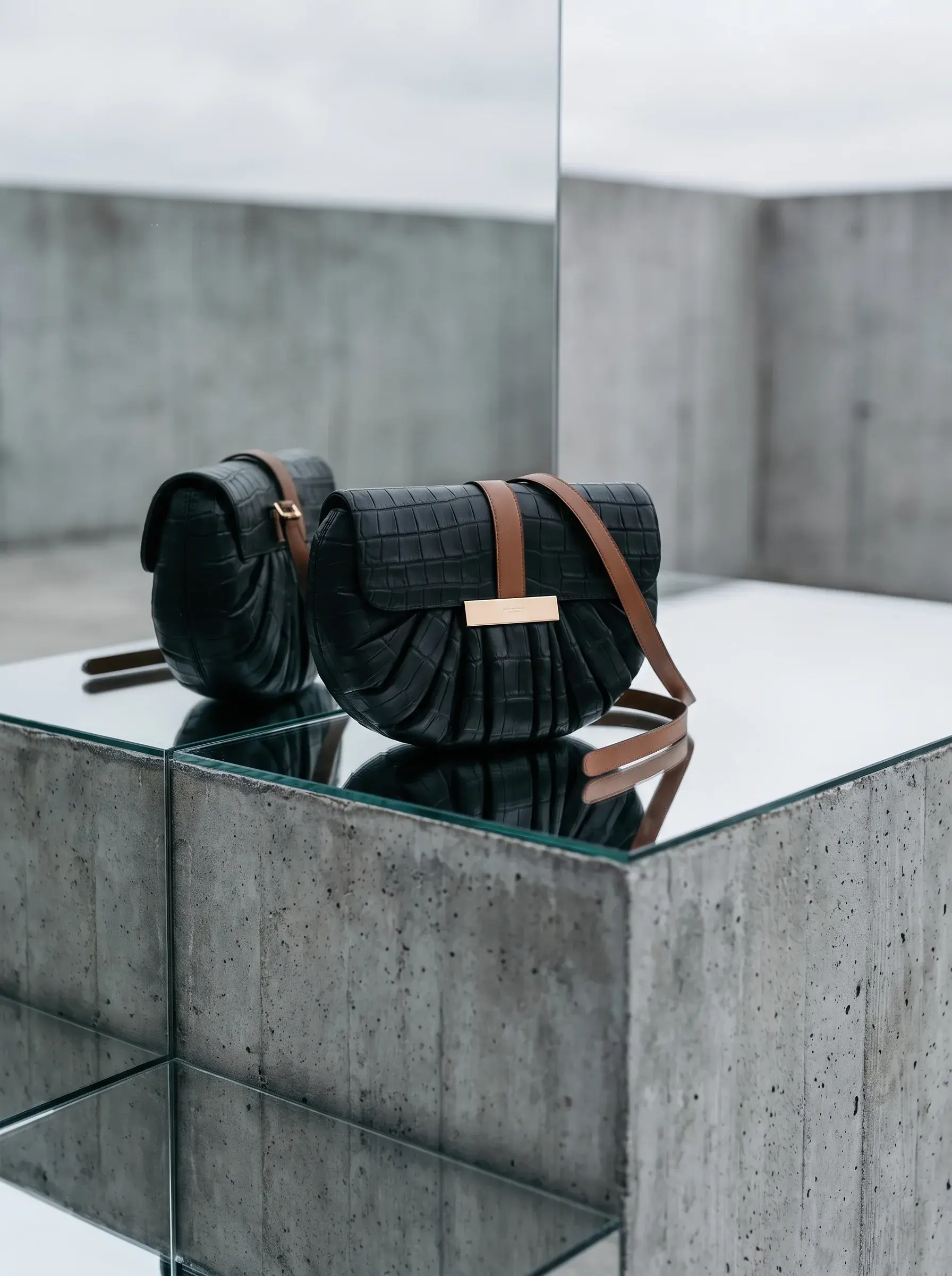 Deux sacs noirs réfléchis sur un plateau miroir au milieu d’une architecture de béton