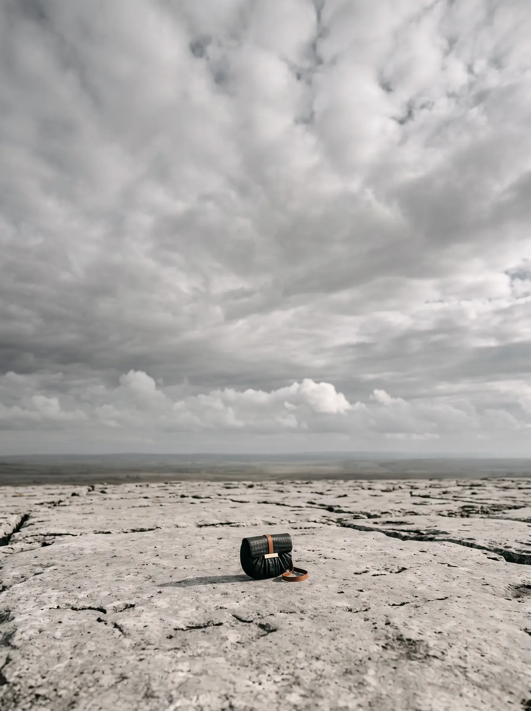 Petit sac noir isolé sur une vaste plage rocheuse sous un ciel dramatique