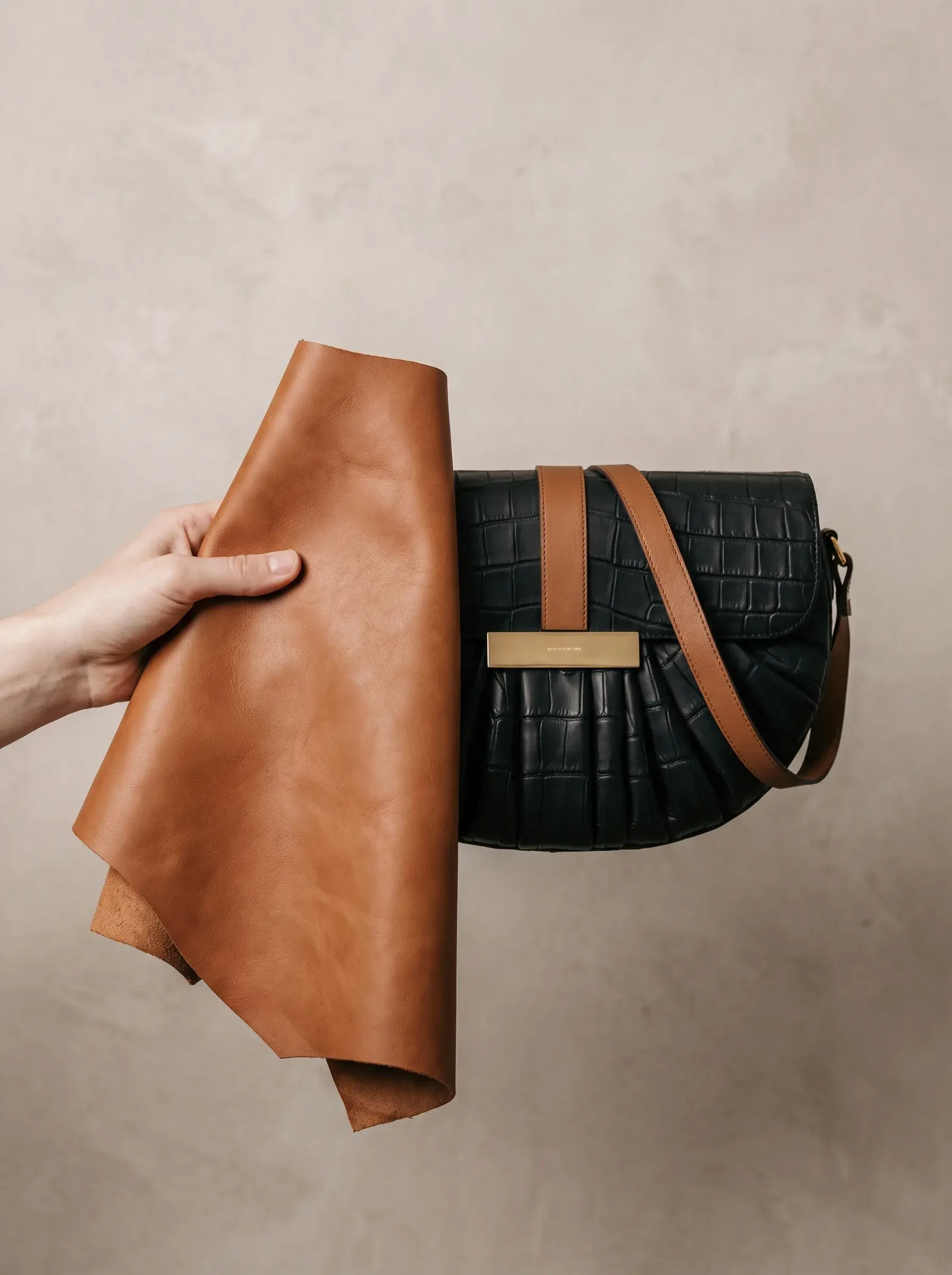 Main présentant une peau de cuir brun à côté d’un sac noir terminé